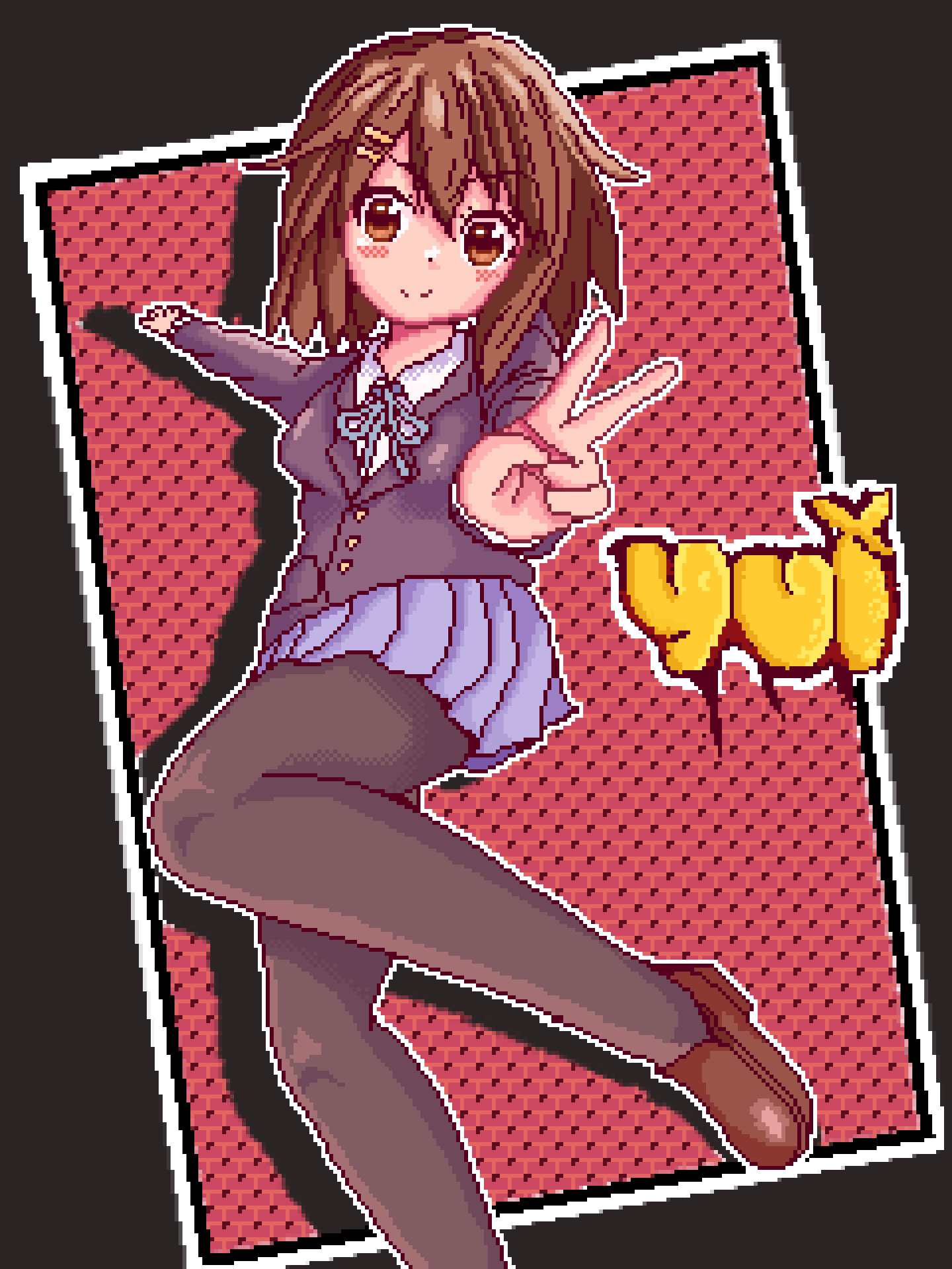 hirasawa yui, k-on!, highres, pixel art, sakuragaoka high school uniform, school uniform