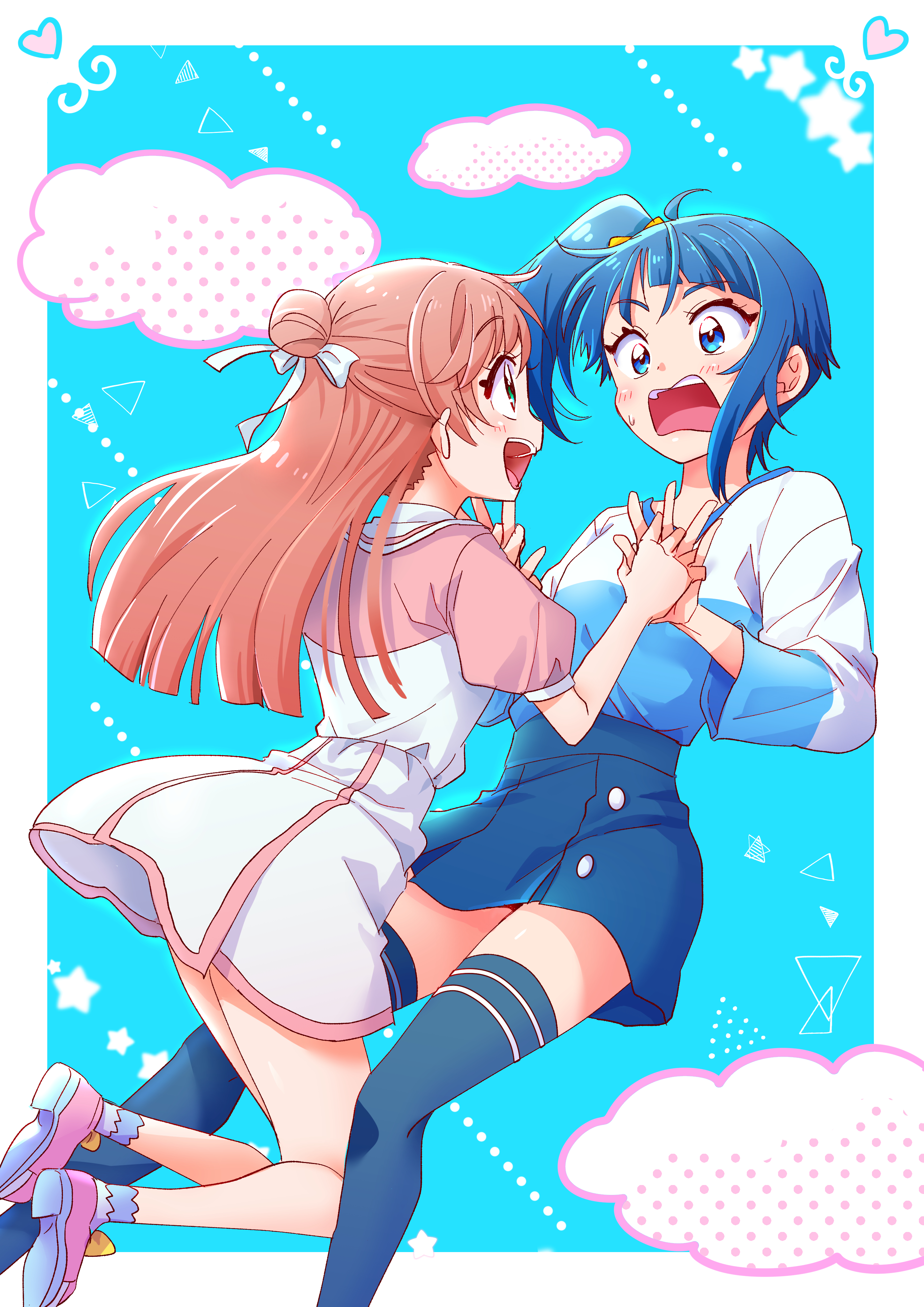 sakusakamin, nijigaoka mashiro, sora harewataru, hirogaru sky! precure, precure, absurdres, commentary request, highres, blue eyes, blue hair, blue shirt, blue skirt, blue sky, blue thighhighs, bow, casual, cloud, cloudy sky, collared dress, cut bangs, dress, frown, green eyes, hair bow, hair bun, hair ribbon, holding hands, interlocked fingers, leaning back, leaning forward, legs up, long hair, long sleeves, looking at viewer, medium hair, miniskirt, open mouth, pink dress, pink hair, pink shoes, ribbon, shirt, shoes, short dress, side ponytail, single hair bun, single sidelock, skirt, sky, smile, standing, star (symbol), sweatdrop, t-shirt, thighhighs, two-tone dress, two-tone shirt, white dress, white ribbon, white shirt, yellow bow