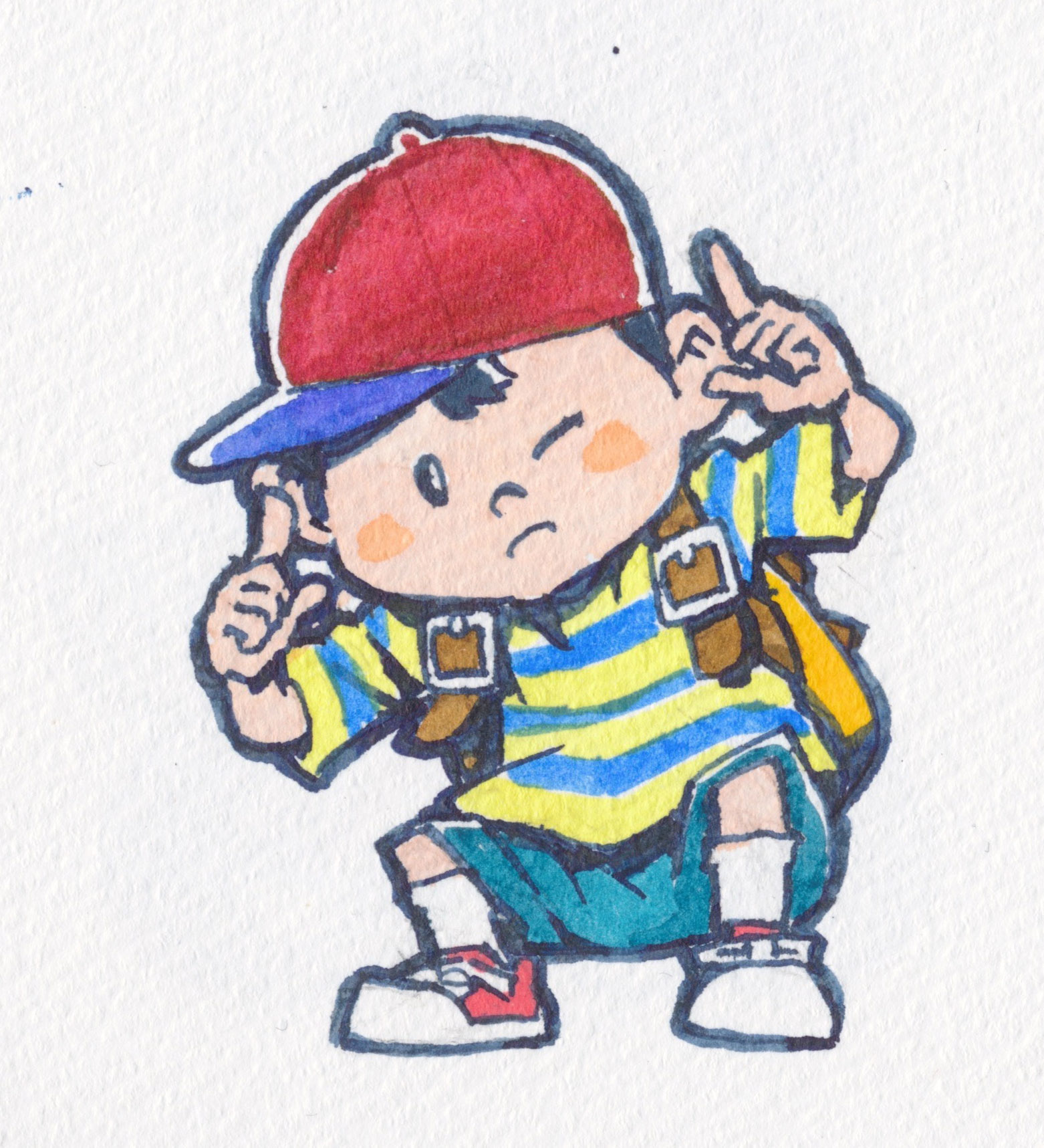 akahanadragon, ness (mother 2), mother (series), mother 2, nintendo, 1boy, backpack, bag, baseball cap, black hair, blush stickers, facing viewer, full body, hat, index finger raised, one eye closed, shirt, shoes, shorts, sneakers, socks, solo, squatting, striped clothes, striped shirt