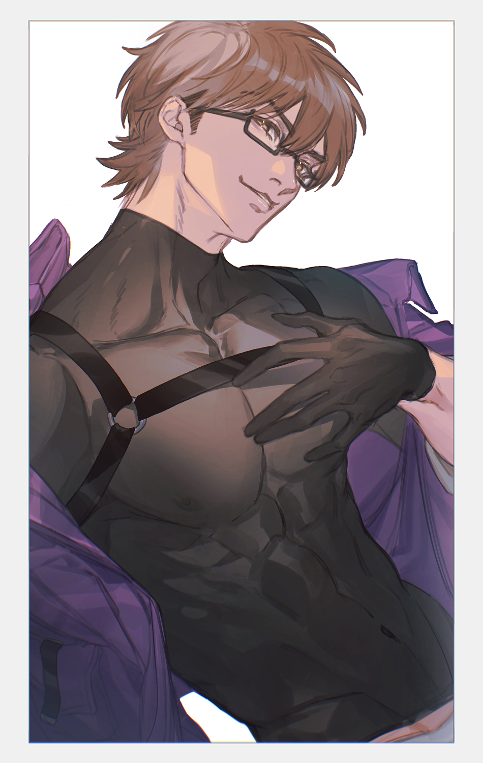 miyuki kazuya, ace of diamond, commentary request, highres, 1boy, abs, adam's apple, alternate costume, black-framed eyewear, black gloves, border, brown eyes, brown hair, collarbone, fuko tyo, glasses, gloves, male focus, midriff peek, navel, nipples, pectorals, semi-rimless eyewear, short hair, sideburns, skin tight, smile, solo, teeth, upper body, white border