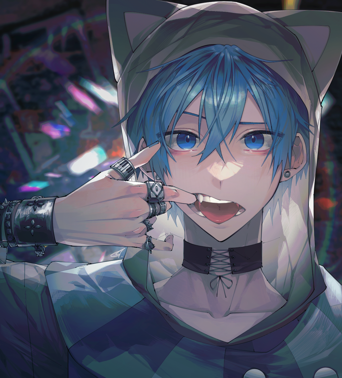 bibinggwas2, kaito (vocaloid), vocaloid, highres, 1boy, aegyo sal, animal ears, animal hood, blue eyes, blue hair, bracelet, cat ears, cat hood, choker, collarbone, earrings, fake animal ears, fangs, hair between eyes, hood, jewelry, looking at viewer, male focus, mouth pull, multiple rings, open mouth, portrait, ring, short hair, solo, spiked bracelet, spikes, stud earrings, studded bracelet, tongue, tongue out