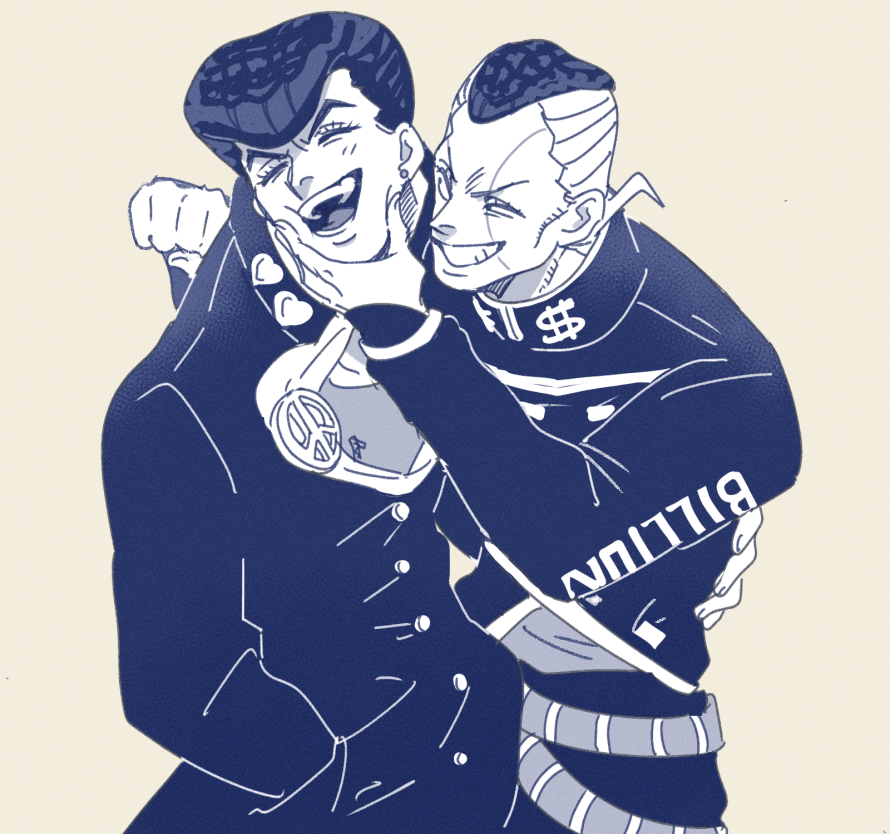 tirauraja, higashikata josuke, nijimura okuyasu, diamond wa kudakenai, jojo no kimyou na bouken, commentary request, 2boys, arm around neck, arm around waist, arms up, belt, closed eyes, cowboy shot, dollar sign, english text, eyelashes, gakuran, greyscale, grin, hand on another's chin, jacket, laughing, long sleeves, male focus, monochrome, multiple belts, multiple boys, open mouth, peace symbol, pompadour, school uniform, short hair, simple background, smile, teeth, tongue, uneven eyes
