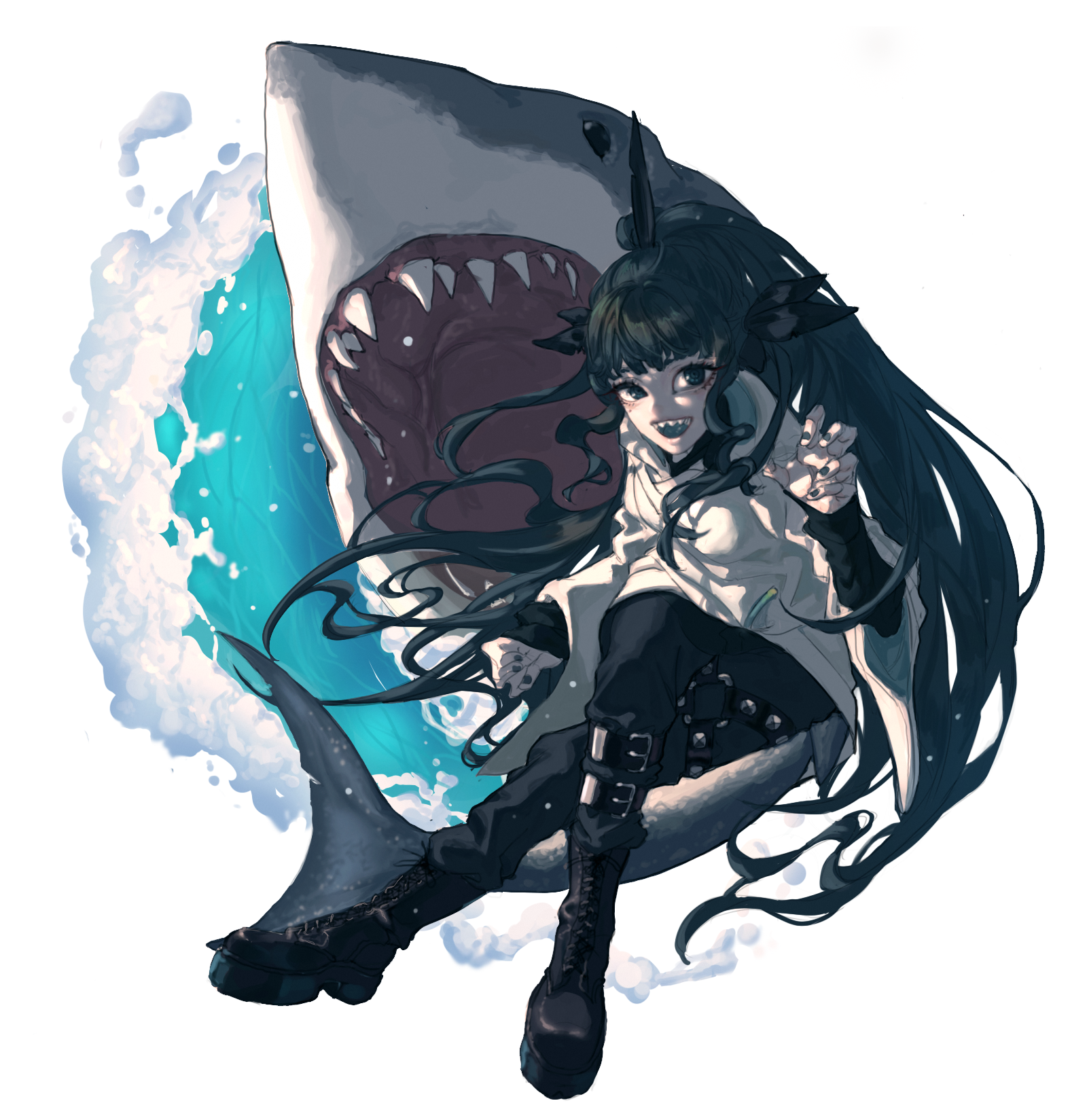 octorypo, artemis of the blue, atelier live, commentary, english commentary, highres, 1girl, black hair, blue tongue, boots, colored tongue, hood, hood down, hoodie, mole, mole under eye, ponytail, shark, shark fin, shark girl, sharp teeth, teeth, virtual youtuber, white hoodie