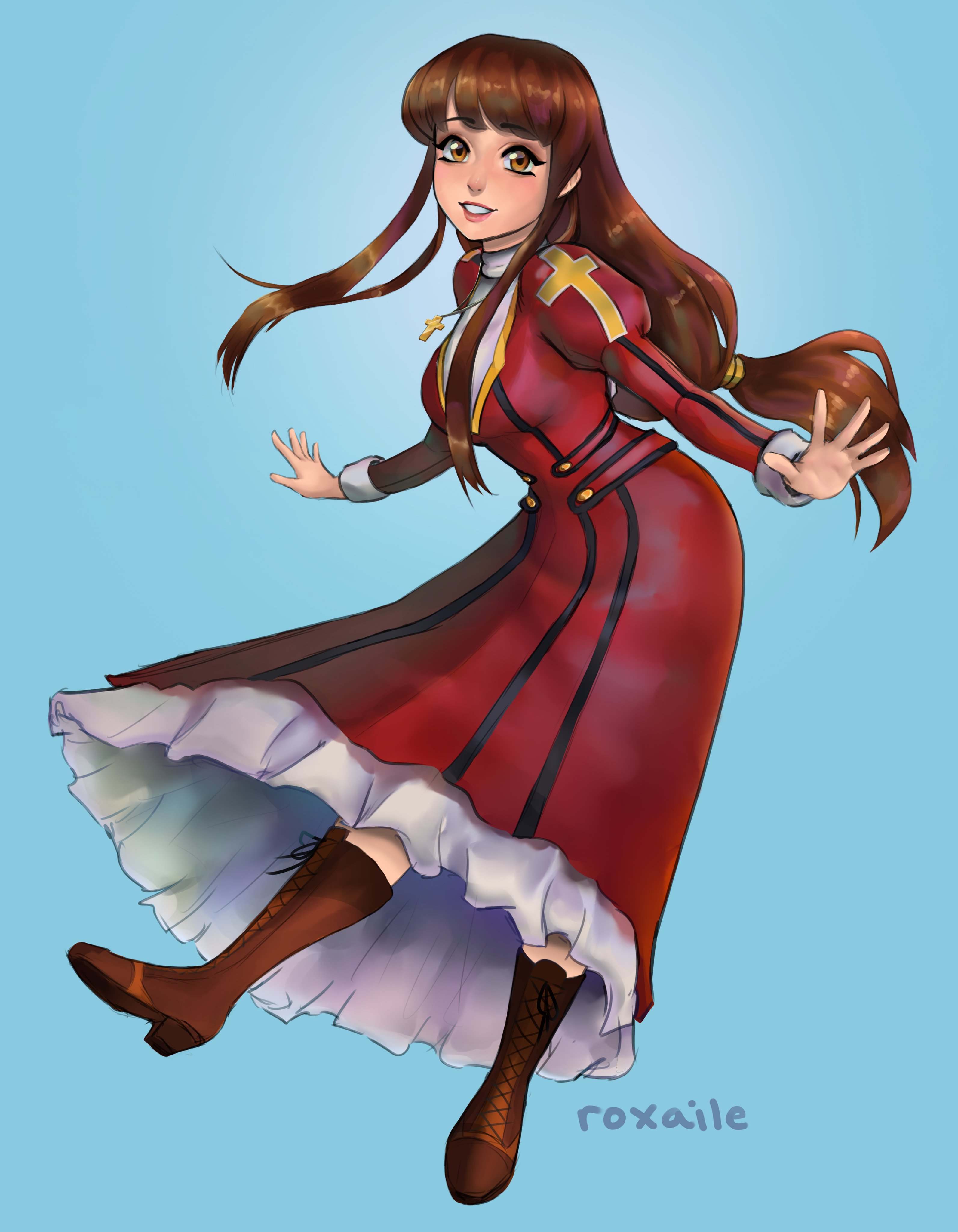 roxaile, erica fontaine, sakura taisen, sakura taisen iii, absurdres, commission, highres, blue background, blush, boots, brown boots, brown eyes, brown hair, collar, cross, dress, juliet sleeves, latin cross, long hair, long sleeves, looking at viewer, low-tied long hair, outstretched arms, puffy sleeves, red dress, sidelocks, smile, white background, white collar