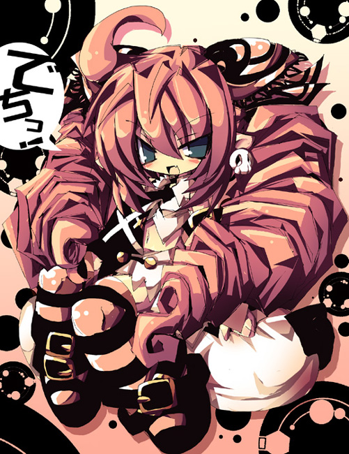 dango mushi, esmerelda, saint october, 00s, drill hair, fang, pink hair, skull, solo, striped clothes, striped thighhighs, thighhighs, twintails