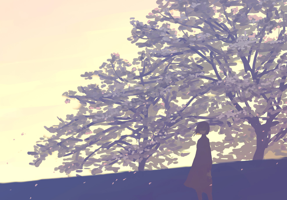 toe, toe (gardengirls), bad id, bad pixiv id, 1girl, cherry blossoms, faceless, female focus, landscape, monochrome, petals, scenery, solo, sunrise, tree, wind