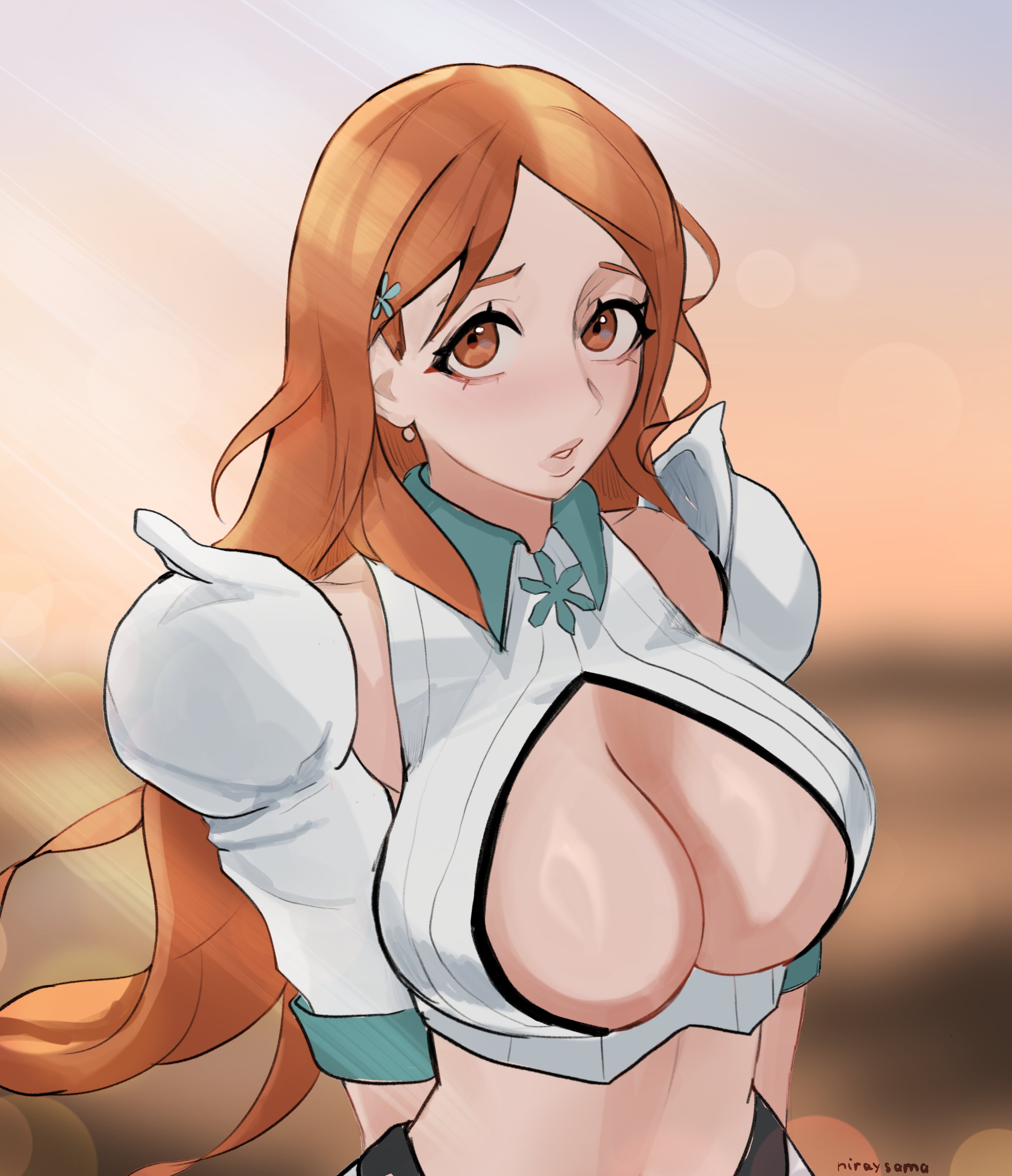 uchihaniray, inoue orihime, bleach, absurdres, commentary, english commentary, highres, 1girl, arms behind back, blurry, blurry background, breasts, cleavage, cleavage cutout, clothing cutout, collared shirt, cropped shirt, detached sleeves, earrings, jewelry, large breasts, long hair, looking at viewer, midriff, orange eyes, orange hair, parted bangs, parted lips, shirt, sleeveless, sleeveless shirt, solo, upper body, white shirt, white sleeves