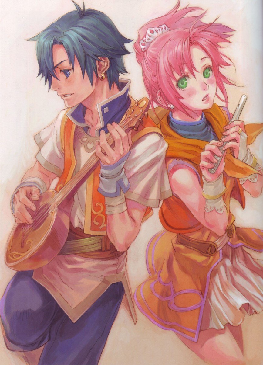 iwasaki minako, forte (eiyuu densetsu), forte (legend of heroes), una (eiyuu densetsu), una (legend of heroes), eiyuu densetsu, falcom, umi no oriuta, highres, scan, 1boy, 1girl, blue hair, fantasy, flute, green eyes, instrument, lute (instrument), music, pink hair