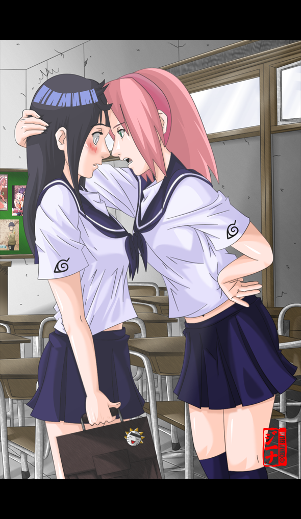 dannex009, haruno sakura, hyuuga hinata, naruto (classic), naruto (series), 2girls, alternate costume, arm behind head, bag, black hair, black socks, blue hair, blush, casual, classroom, desk, face-to-face, femdom, forehead-to-forehead, green eyes, hairband, hand on another's head, hand on own hip, headband, heads together, hip focus, kneehighs, letterboxed, long hair, multiple girls, open mouth, pink hair, school, school bag, school uniform, serafuku, short hair, skirt, socks, yuri
