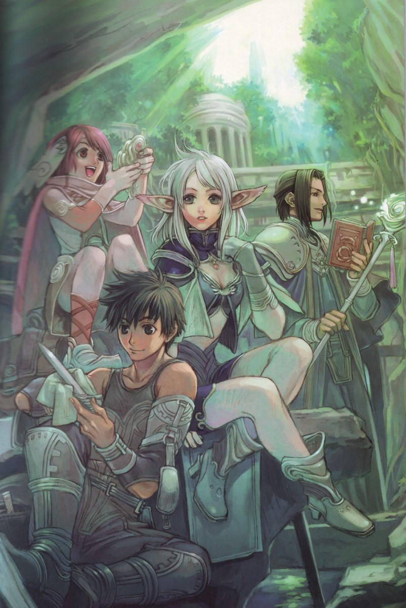 iwasaki minako, rpg maker, rpg maker xp, highres, scan, 2boys, 2girls, armor, book, boots, breasts, brown eyes, brown hair, cleavage, dagger, day, detached sleeves, elf, fantasy, gloves, green eyes, knife, multiple boys, multiple girls, outdoors, pink eyes, pink hair, pointy ears, short hair, shorts, small breasts, staff, warrior, weapon, white hair, wizard