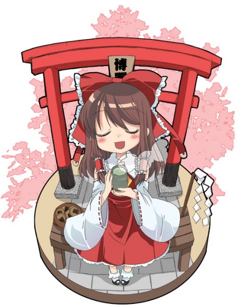 hayashi tsugumi, hakurei reimu, touhou, biscuit, 1girl, blush, cup, female focus, food, full body, gohei, japanese clothes, miko, nature, plant, ribbon, senbei, smile, solo, tea, torii, white background