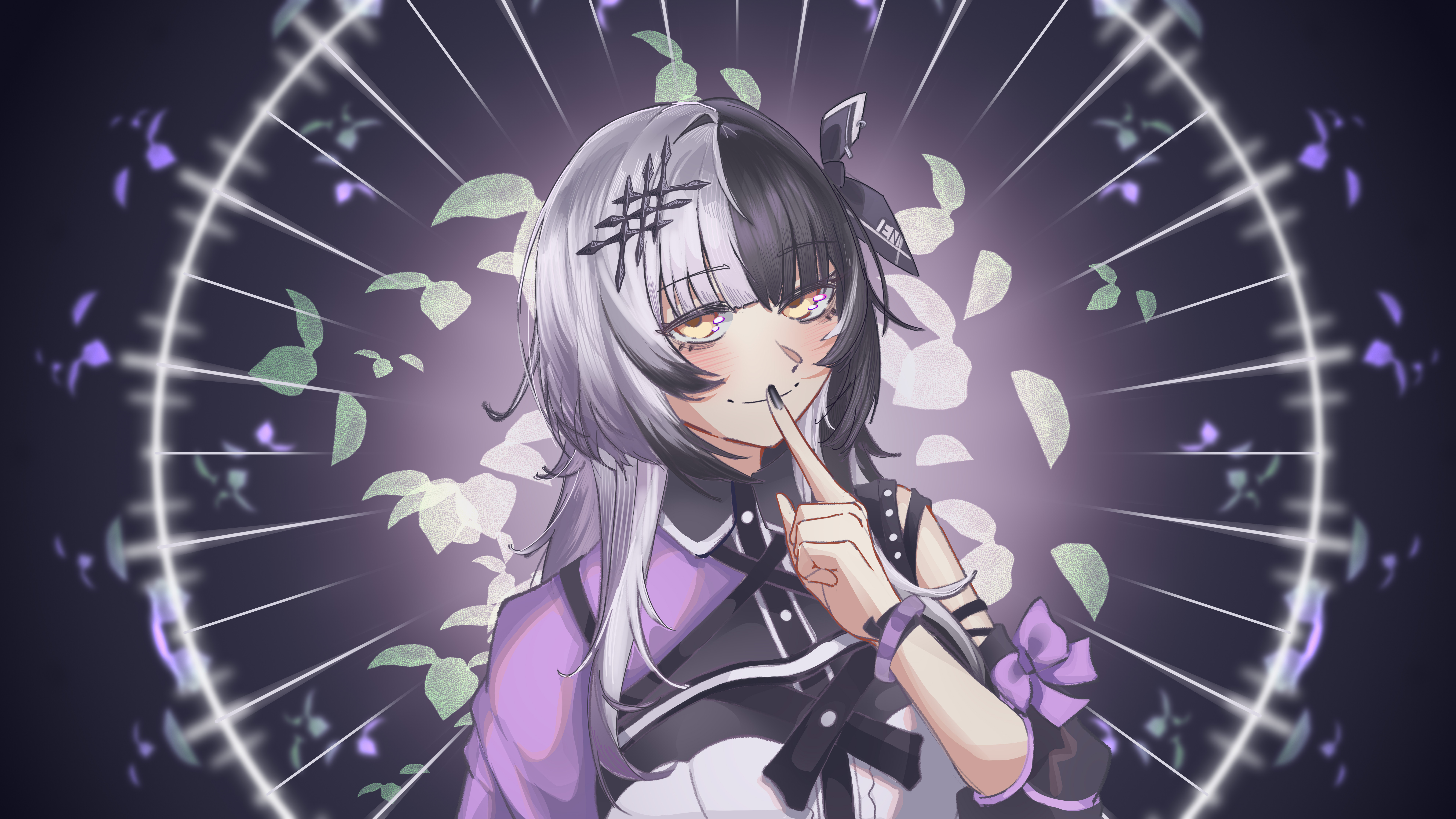 shiori novella, hololive, hololive english, absurdres, highres, 1girl, black hair, black nails, black shirt, grey hair, idol clothes, index finger raised, long hair, looking at viewer, multicolored hair, multicolored shirt, purple shirt, qjinator, shirt, solo, split-color hair, two-tone hair, virtual youtuber, white shirt, yellow eyes