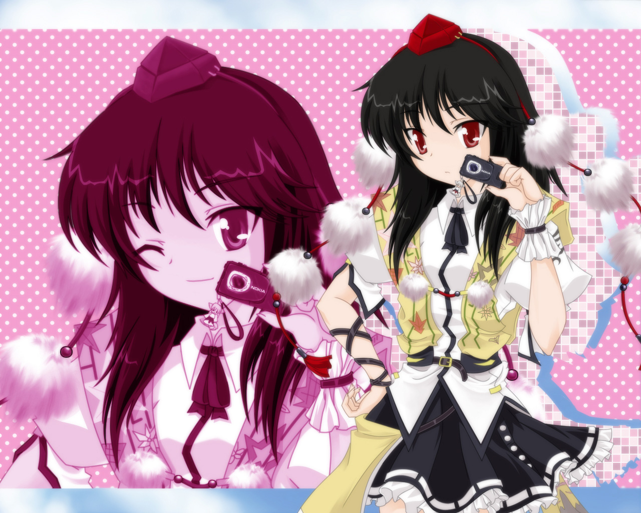 auer, shameimaru aya, touhou, 1girl, black hair, camera, cellphone, female focus, hat, phone, smile, solo, zoom layer