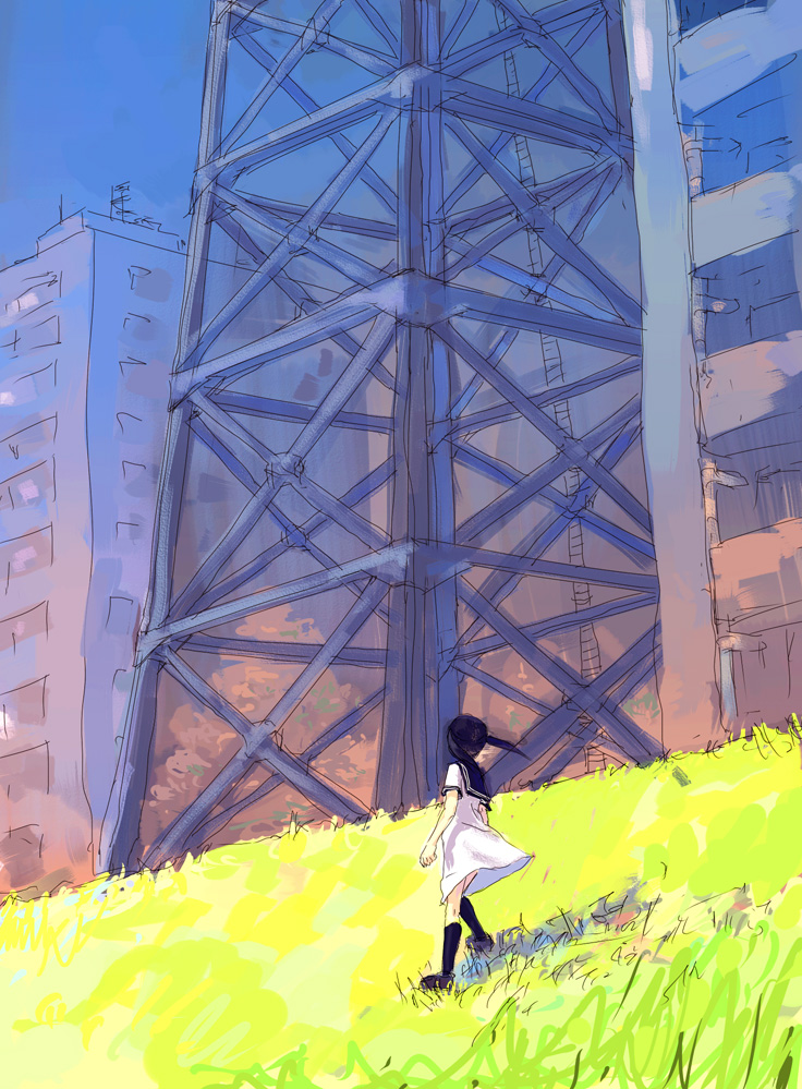 toe, toe (gardengirls), bad id, bad pixiv id, panorama, 1girl, black hair, building, city, cityscape, grass, scenery, sky, tower, transmission tower