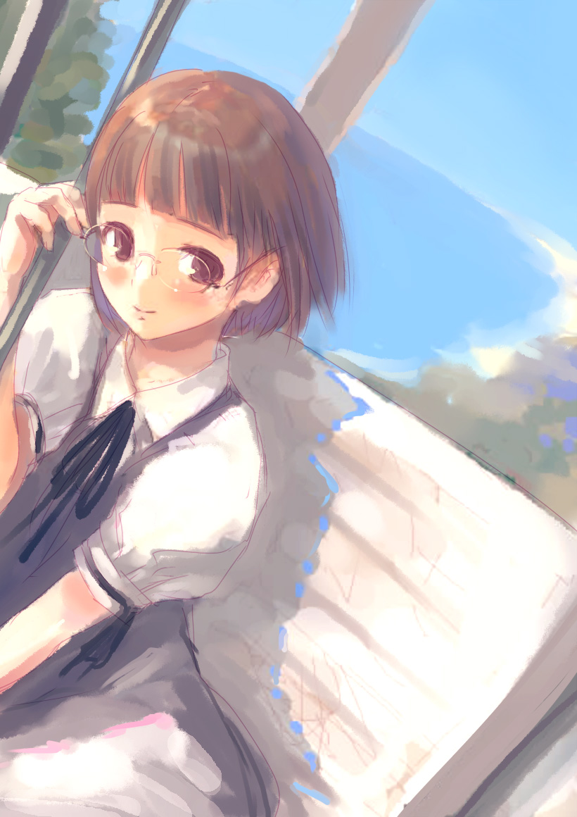 toe, toe (gardengirls), bad id, bad pixiv id, 1girl, beach, brown hair, chair, day, female focus, glasses, ocean, outdoors, ribbon, sky, solo, tree
