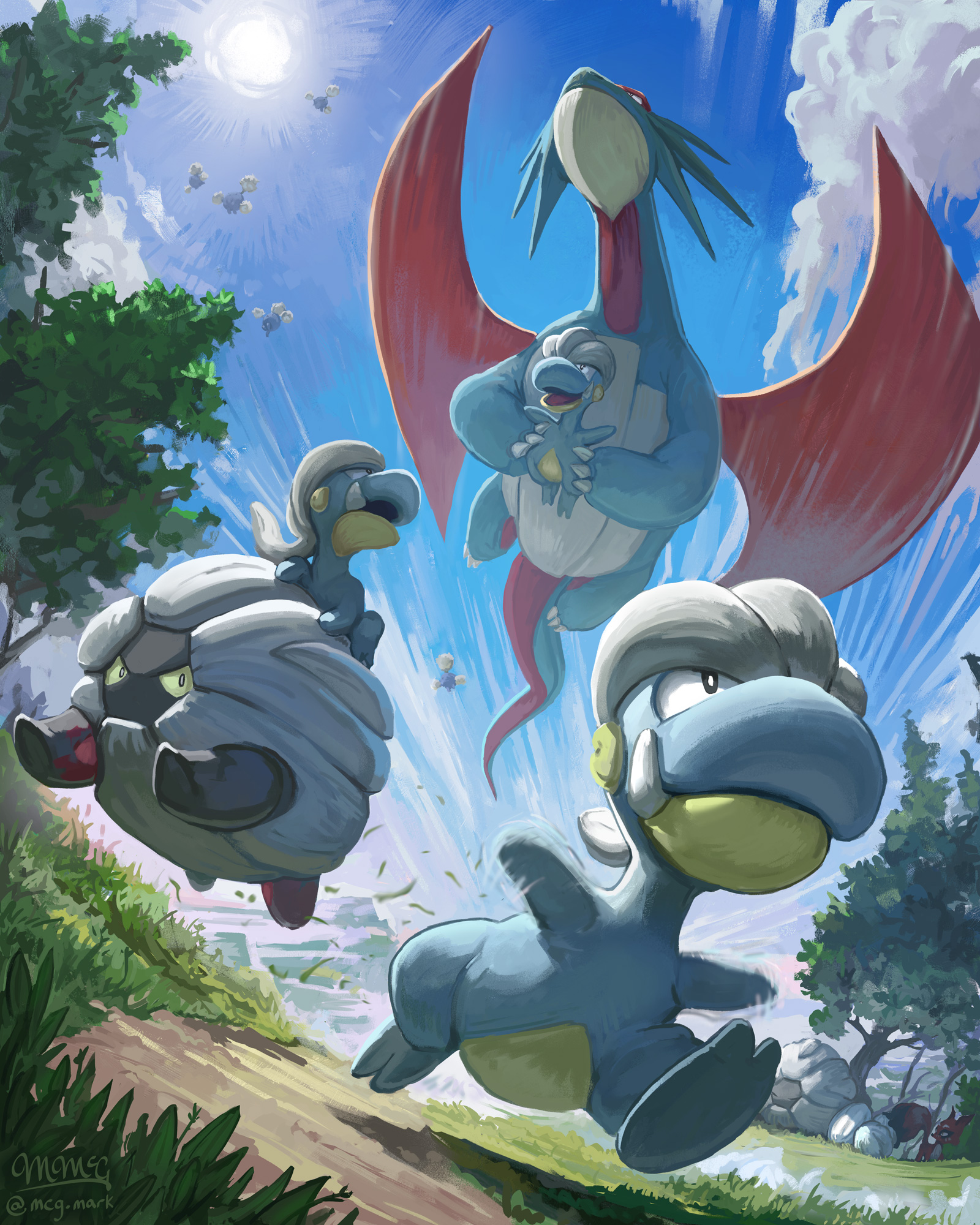 mcgmark, bagon, jumpluff, nickit, salamence, shelgon, nintendo, pokemon, commentary, english commentary, highres, animal focus, blue sky, closed mouth, cloud, day, dragon, dragon wings, evolutionary line, flying, gen 2 pokemon, gen 3 pokemon, gen 8 pokemon, grass, holding, holding pokemon, no humans, outdoors, pokemon (creature), pokemon focus, riding, riding pokemon, rock, running, sky, sun, tree, wings