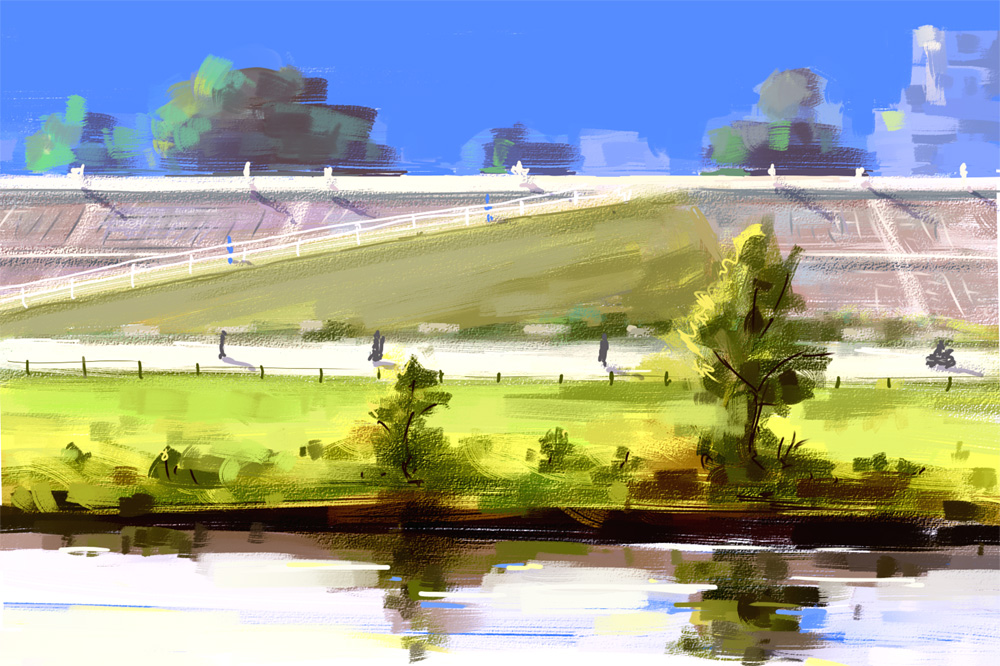 toe, toe (gardengirls), bad id, bad pixiv id, panorama, day, garden, landscape, rectangle, reflection, river, road, scenery, tree, water