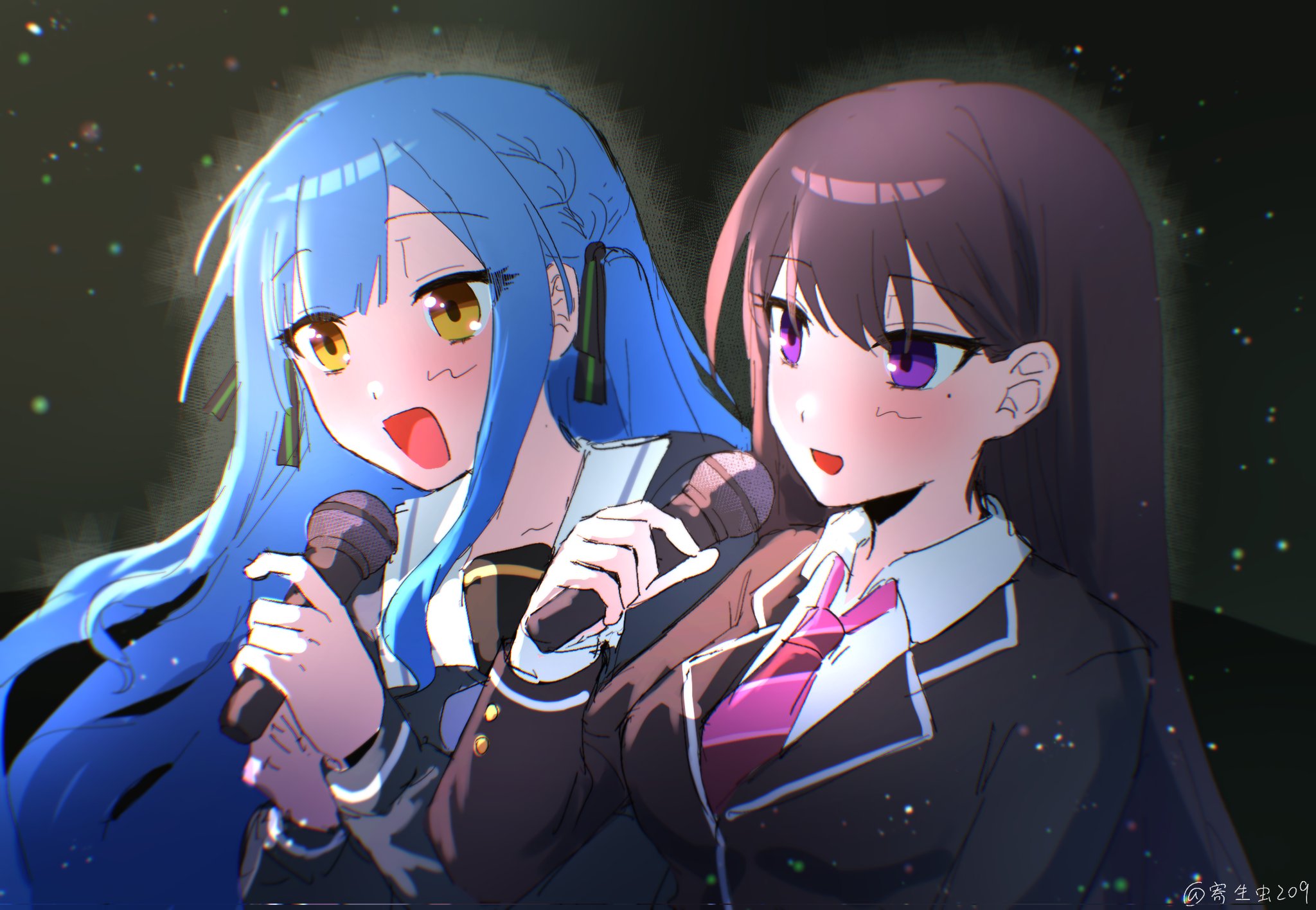 shiina taki, togawa sakiko, bang dream!, bang dream! it's mygo!!!!!, commentary, hashtag-only commentary, highres, 2girls, birthday1730225, black jacket, blue hair, blue shirt, brown hair, collared shirt, hair ribbon, haneoka school uniform, holding, holding microphone, jacket, light particles, long hair, long sleeves, microphone, mole, mole under eye, multiple girls, necktie, open mouth, purple eyes, purple necktie, ribbon, school uniform, shirt, sidelocks, tsukinomori school uniform, two side up, white shirt, yellow eyes