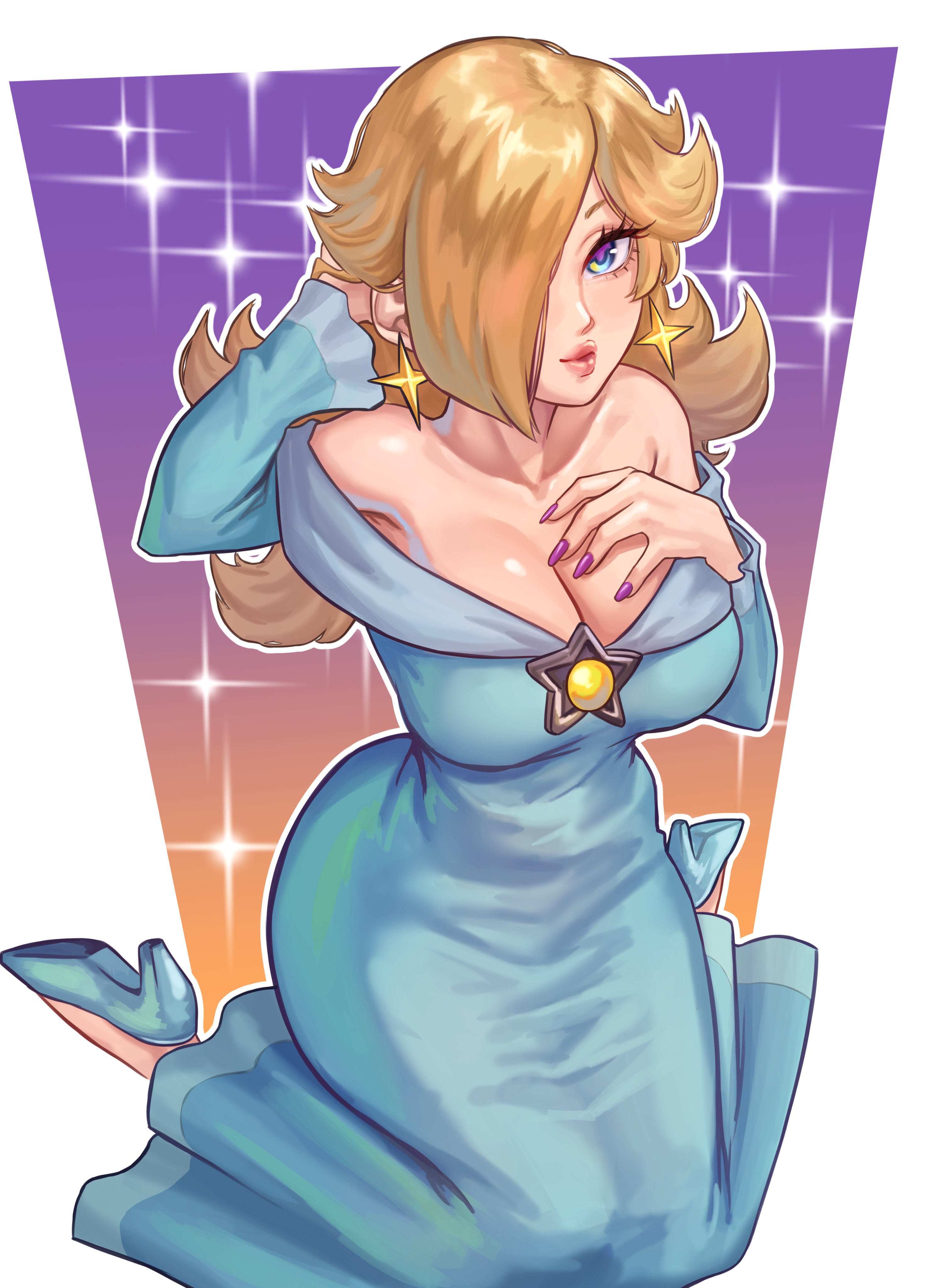 lewdybug, rosalina, mario (series), nintendo, absurdres, highres, 1girl, aqua dress, bare shoulders, blonde hair, blue dress, blue eyes, breasts, brooch, cleavage, collarbone, dress, earrings, hair over one eye, high heels, jewelry, large breasts, lips, long hair, long sleeves, looking at viewer, off-shoulder dress, off shoulder, smile, solo, star (symbol), star brooch, star earrings