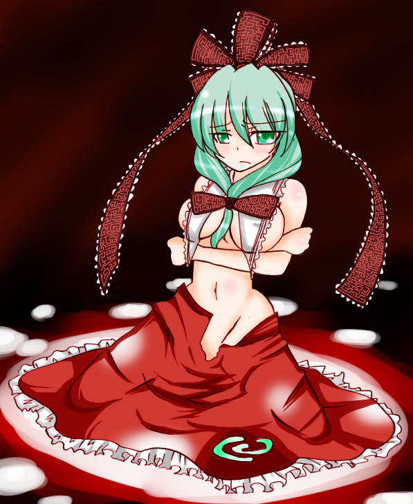 kagiyama hina, touhou, 1girl, between breasts, breasts, clothes pull, female focus, front ponytail, frown, green hair, kneeling, large breasts, no panties, ribbon, skirt, skirt pull, solo, topless female