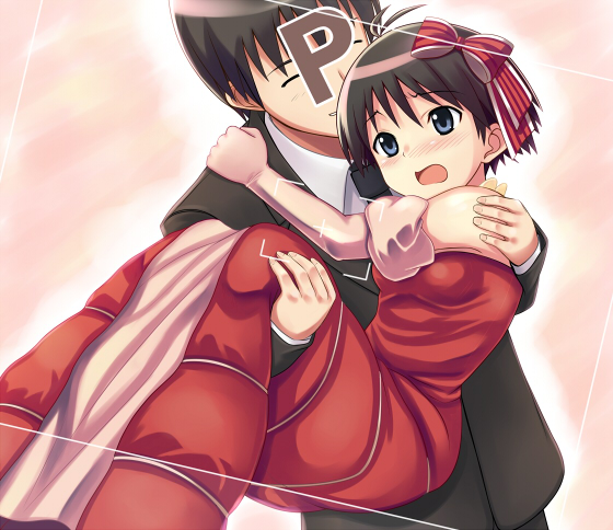 kisugi, kisugi akira, kikuchi makoto, p-head producer, producer (idolmaster), idolmaster, idolmaster (classic), idolmaster 1, 00s, 1boy, 1girl, :o, ^ ^, bare shoulders, blush, carrying, closed eyes, couple, dress, dutch angle, elbow gloves, gloves, hetero, holding, hug, looking at viewer, open mouth, princess carry, red dress, short hair, smile