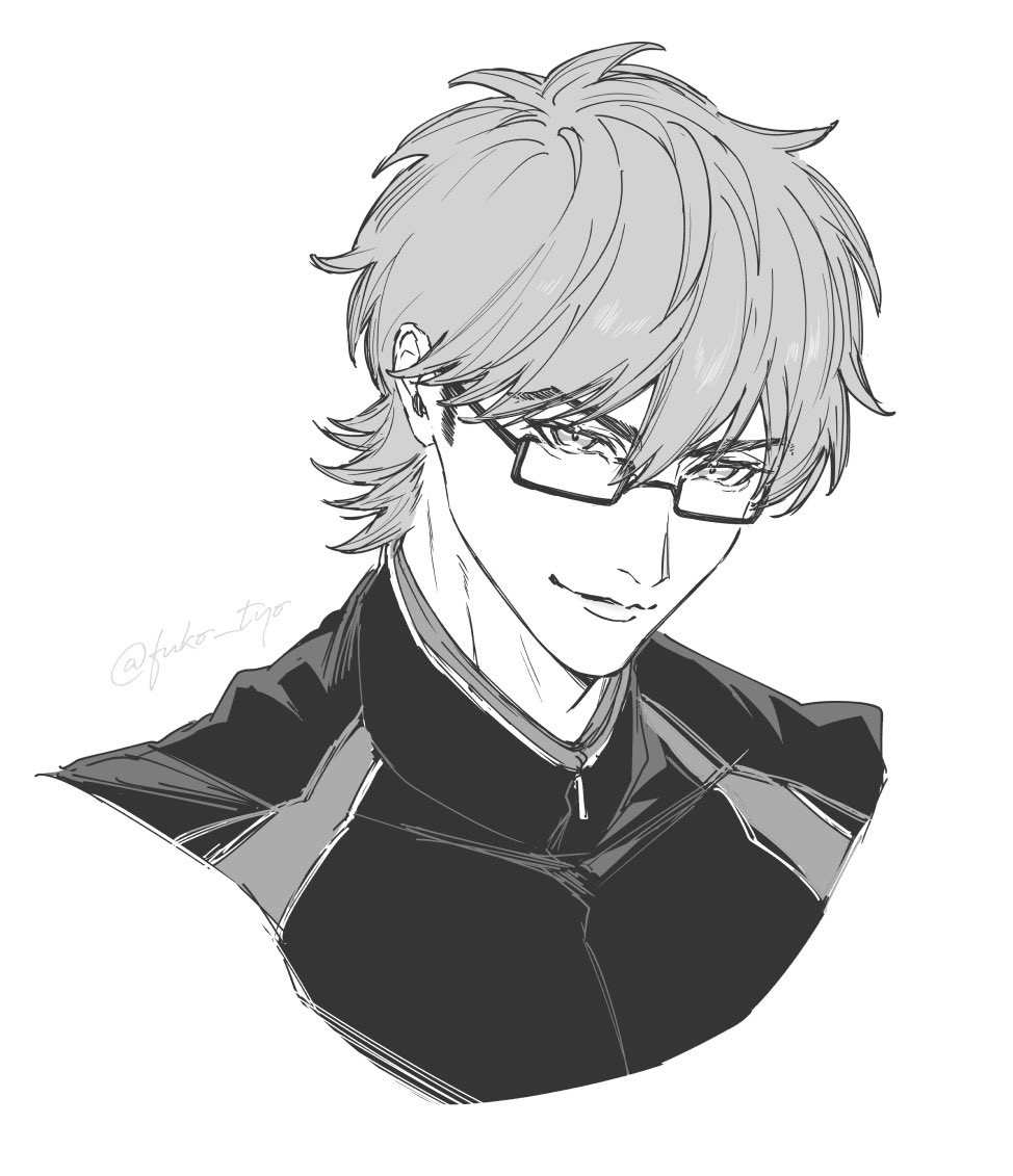 miyuki kazuya, ace of diamond, commentary request, 1boy, closed mouth, fuko tyo, glasses, greyscale, hair between eyes, high collar, jacket, looking at viewer, male focus, monochrome, semi-rimless eyewear, short hair, sideburns, simple background, solo, twitter username, upper body, white background, zipper