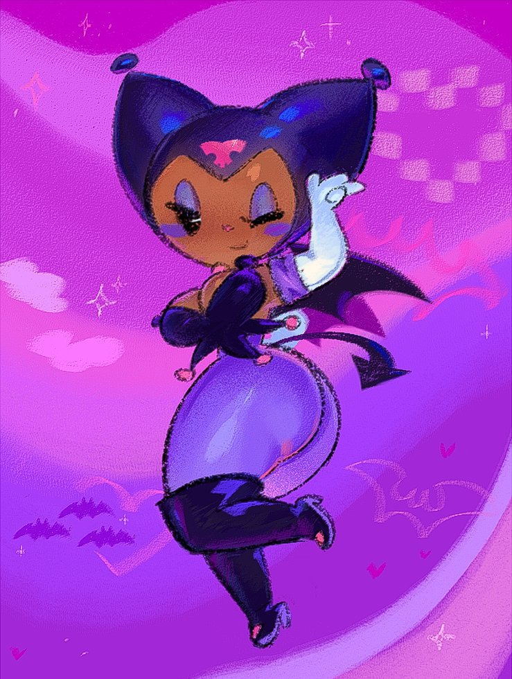 shgrcube, kuromi, hello kitty, sanrio, commentary, english commentary, 1girl, ass, bat (animal), breasts, cleavage, closed mouth, cosplay, covered erect nipples, eyeshadow, full body, huge ass, humanization, kuromi (cosplay), large breasts, looking at viewer, makeup, nipples, one eye closed, purple eyeshadow, smile, solo