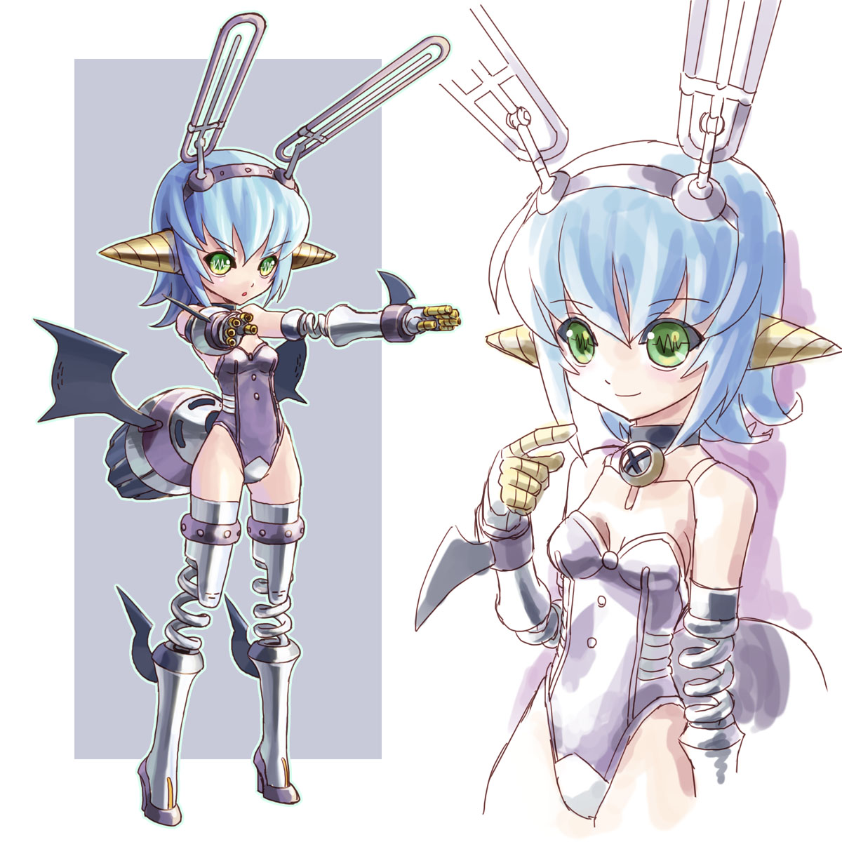 katahira masashi, original, highres, 1girl, leotard, mecha musume, multiple views, playboy bunny, standing