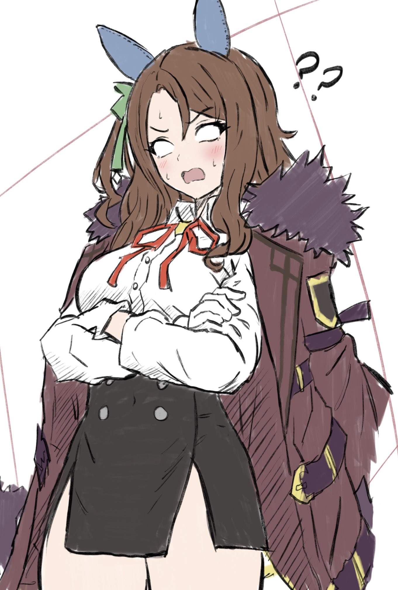 mini pekoe, aru (blue archive), king halo (umamusume), blue archive, umamusume, highres, 1girl, ?, ??, animal ears, aru (blue archive) (cosplay), blank eyes, blush, breasts, brown hair, buttons, collared shirt, cosplay, cowboy shot, crossed arms, ear covers, fur-trimmed jacket, fur trim, gloves, high-waist skirt, horse ears, horse girl, jacket, jacket on shoulders, large breasts, long hair, miniskirt, open clothes, open jacket, open mouth, pale skin, shirt, side slit, simple background, skirt, solo, standing, surprised, sweat, white background, white gloves, white shirt