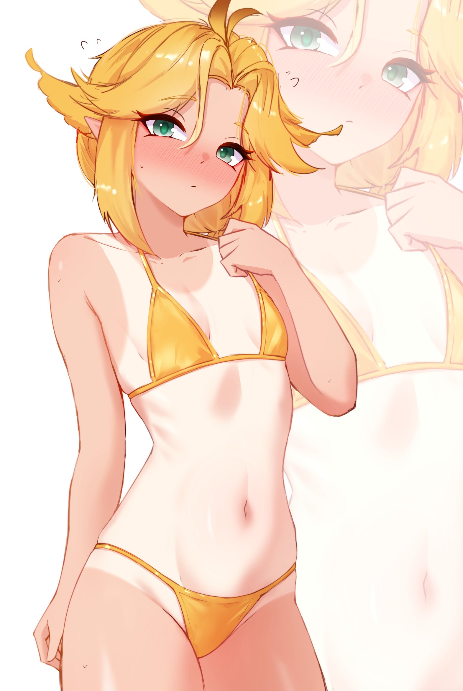 cgator, dokibird, indie virtual youtuber, commentary, english commentary, highres, 1girl, antenna hair, bare arms, bare shoulders, bikini, blonde hair, blush, collarbone, cowboy shot, flat chest, green eyes, hand on own chest, looking at viewer, navel, nose blush, one-piece tan, pointy ears, short hair, simple background, solo, stomach, swimsuit, tan, tanline, white background, yellow bikini, zoom layer