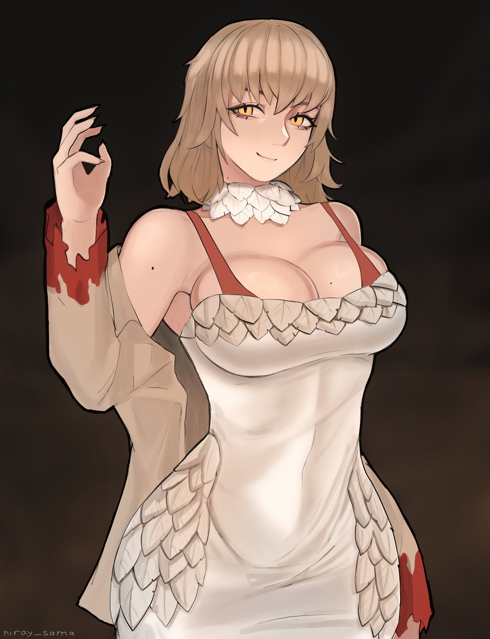 uchihaniray, falin touden, falin touden (chimera), dungeon meshi, commentary, english commentary, highres, 1girl, artist name, bare shoulders, blonde hair, breasts, brown background, brown jacket, choppy bangs, cleavage, closed mouth, cowboy shot, dark background, dress, feathers, gradient background, hand up, jacket, jacket partially removed, large breasts, long sleeves, looking at viewer, mole, mole on arm, mole on breast, mole on neck, multiple moles, short hair, smile, solo, white dress, yellow eyes