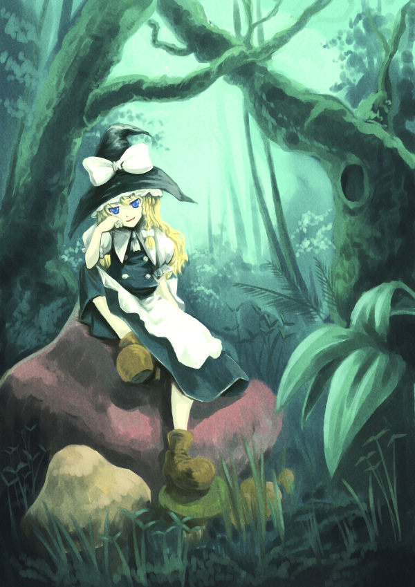 kashiwagi kazuhiro, kirisame marisa, touhou, 1girl, blonde hair, boots, female focus, forest, head rest, looking at viewer, mushroom, nature, outdoors, oversized object, sitting, smirk, solo