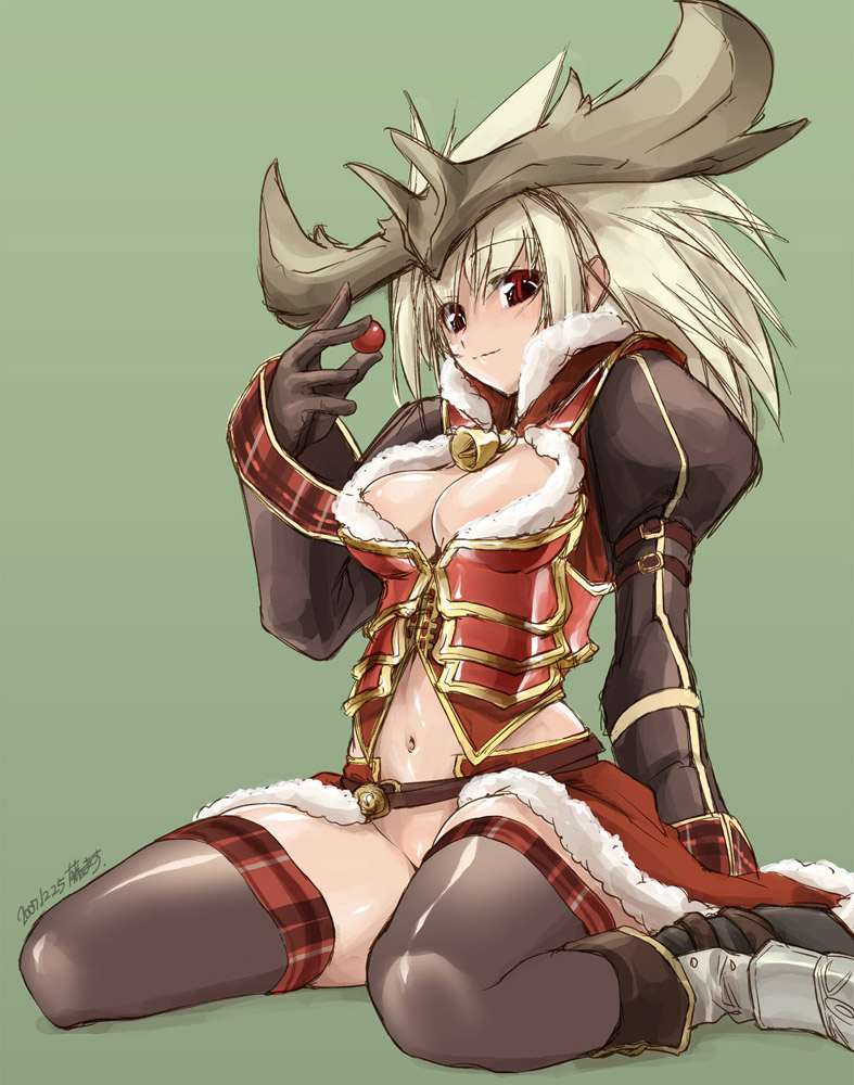 thomasz, capcom, monster hunter (series), uniform, 1girl, breasts, christmas, cleavage, female focus, large breasts, no panties, simple background, solo, thighhighs