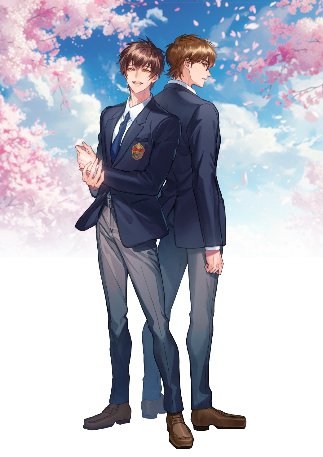miyuki kazuya, sawamura eijun, ace of diamond, commentary request, highres, 2boys, back-to-back, belt, black belt, blue necktie, blue sky, brown hair, brown shoes, cherry blossoms, cherry tree, cloud, collared shirt, fuko tyo, full body, glasses, grey pants, invisible floor, jacket, long sleeves, looking at viewer, male focus, multiple boys, necktie, pants, petals, school uniform, seidou high school uniform, semi-rimless eyewear, shirt, shoes, short hair, sideburns, sky, standing, suit jacket, white shirt