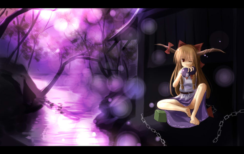 mashayuki, ibuki suika, touhou, 1girl, bare legs, barefoot, blonde hair, bow, brown hair, chain, female focus, gourd, hair bow, holding, holding gourd, horns, letterboxed, long hair, purple theme, scenery, sitting, solo, water