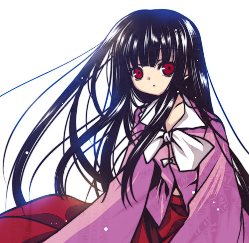 houraisan kaguya, touhou, lowres, 1girl, black hair, blouse, blush, bow, bowtie, closed mouth, expressionless, female focus, long hair, long sleeves, looking at viewer, red eyes, red skirt, shirt, sitting, skirt, solo, very long hair, white bow, white bowtie, yokozuwari
