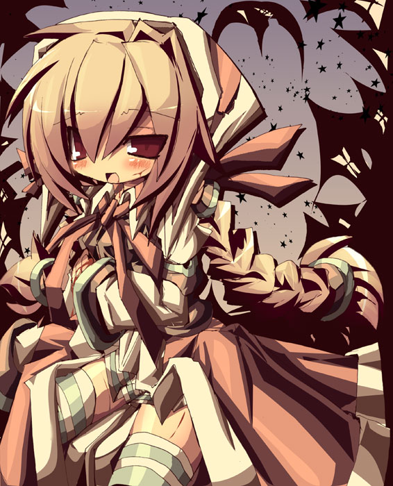 dango mushi, cordelia (saga), cordelia (saga frontier 2), saga, saga frontier, saga frontier 2, 1girl, blood, braid, cuts, injury, moon, night, star (symbol), striped clothes, striped thighhighs, thighhighs, twin braids