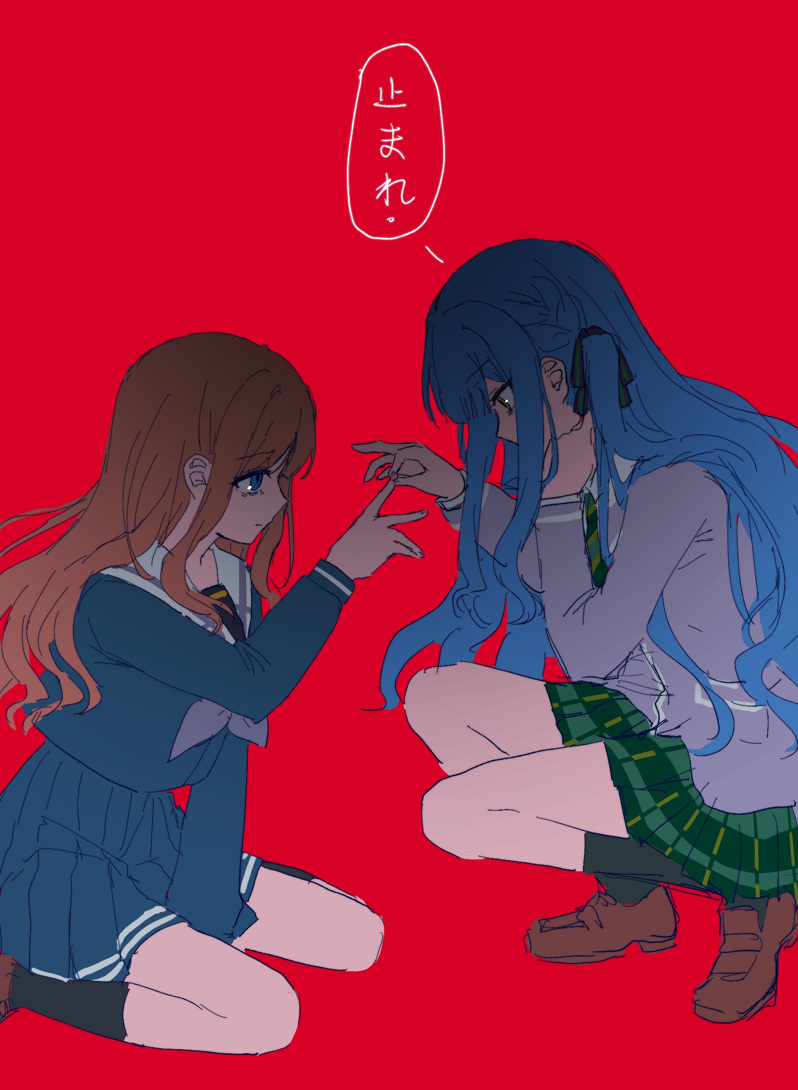 nagasaki soyo, togawa sakiko, bang dream!, bang dream! it's mygo!!!!!, commentary, hashtag-only commentary, highres, translation request, 2girls, birthday1730225, black ribbon, black socks, blue eyes, blue hair, blue shirt, blue skirt, brown shoes, green necktie, green skirt, grey jacket, grey neckerchief, hair ribbon, haneoka school uniform, holding another's finger, jacket, loafers, long sleeves, multiple girls, neckerchief, necktie, plaid clothes, plaid skirt, pleated skirt, red background, ribbon, school uniform, shirt, shoes, sidelocks, simple background, skirt, socks, squatting, tsukinomori school uniform