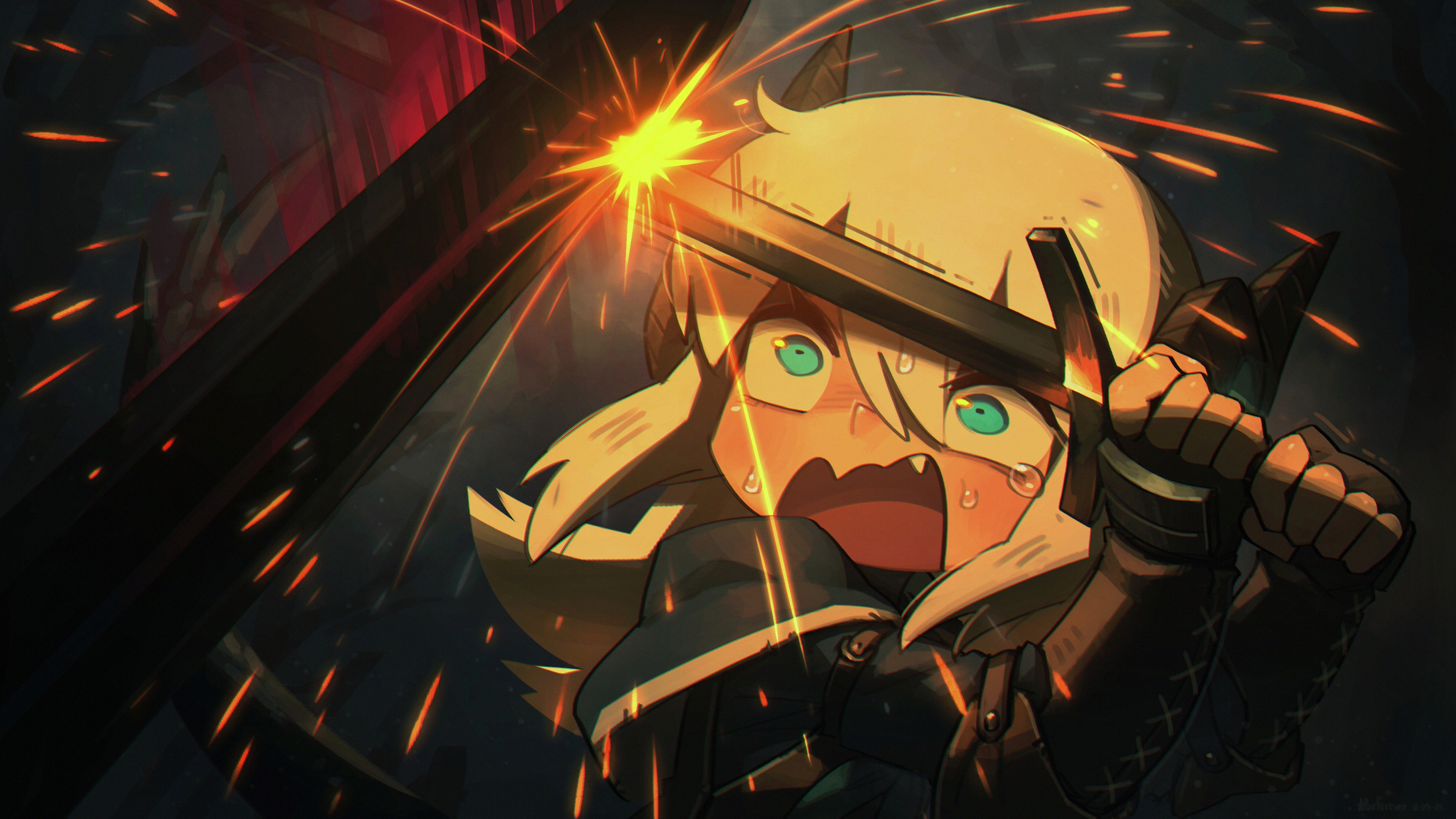 porforever, digitan (porforever), original, absurdres, commentary, english commentary, highres, 1girl, blue eyes, blush, fang, fingerless gloves, gloves, hair between eyes, holding, holding sword, holding weapon, long hair, open mouth, solo, sparks, sweat, sword, tearing up, wavy hair, weapon, white hair