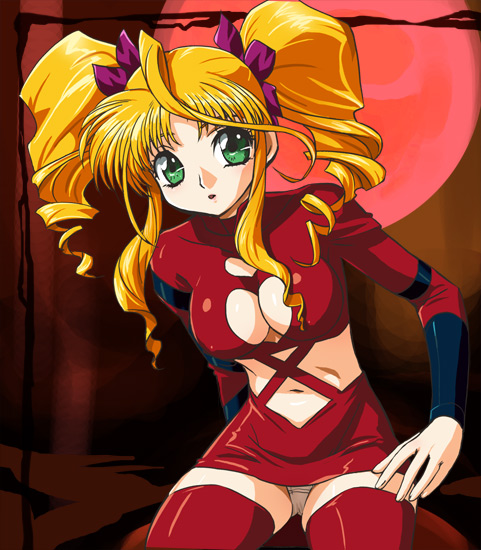 haruyama kazunori, tiara (shamanic princess), shamanic princess, 1990s (style), 1girl, ahoge, blonde hair, breasts, cleavage, cleavage cutout, clothing cutout, drill hair, female focus, full moon, green eyes, moon, panties, pantyshot, parted bangs, red moon, red skirt, red thighhighs, retro artstyle, sidelocks, skirt, solo, thighhighs, twin drills, twintails, underwear, upskirt
