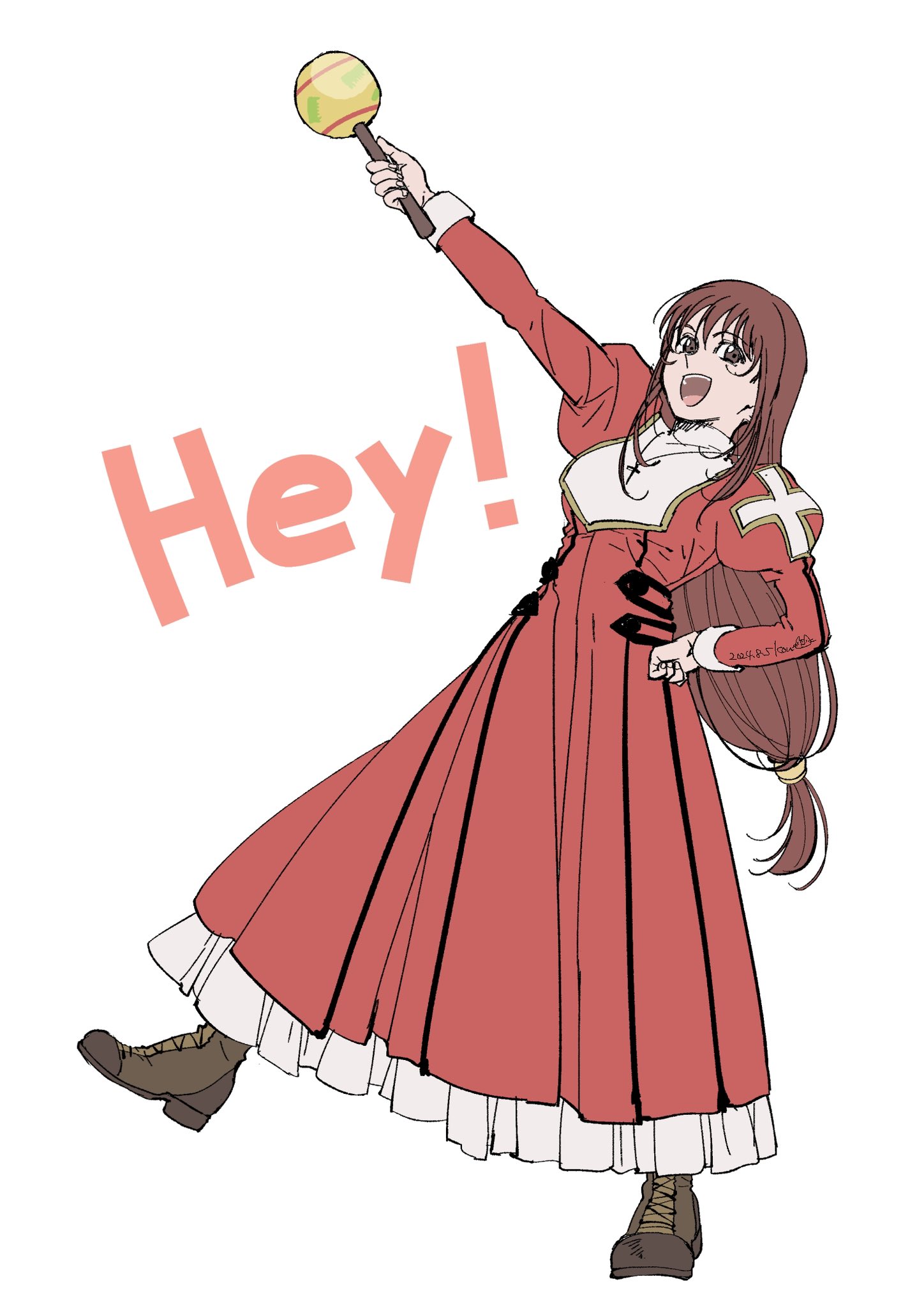 kou (kounotori69), erica fontaine, sakura taisen, sakura taisen iii, highres, arm up, brown eyes, brown hair, collar, cross, dress, hand on own hip, holding, holding instrument, holding maracas, instrument, juliet sleeves, latin cross, long hair, long sleeves, looking at viewer, low-tied long hair, maracas, open mouth, outstretched arm, outstretched leg, puffy sleeves, red dress, sidelocks, white collar