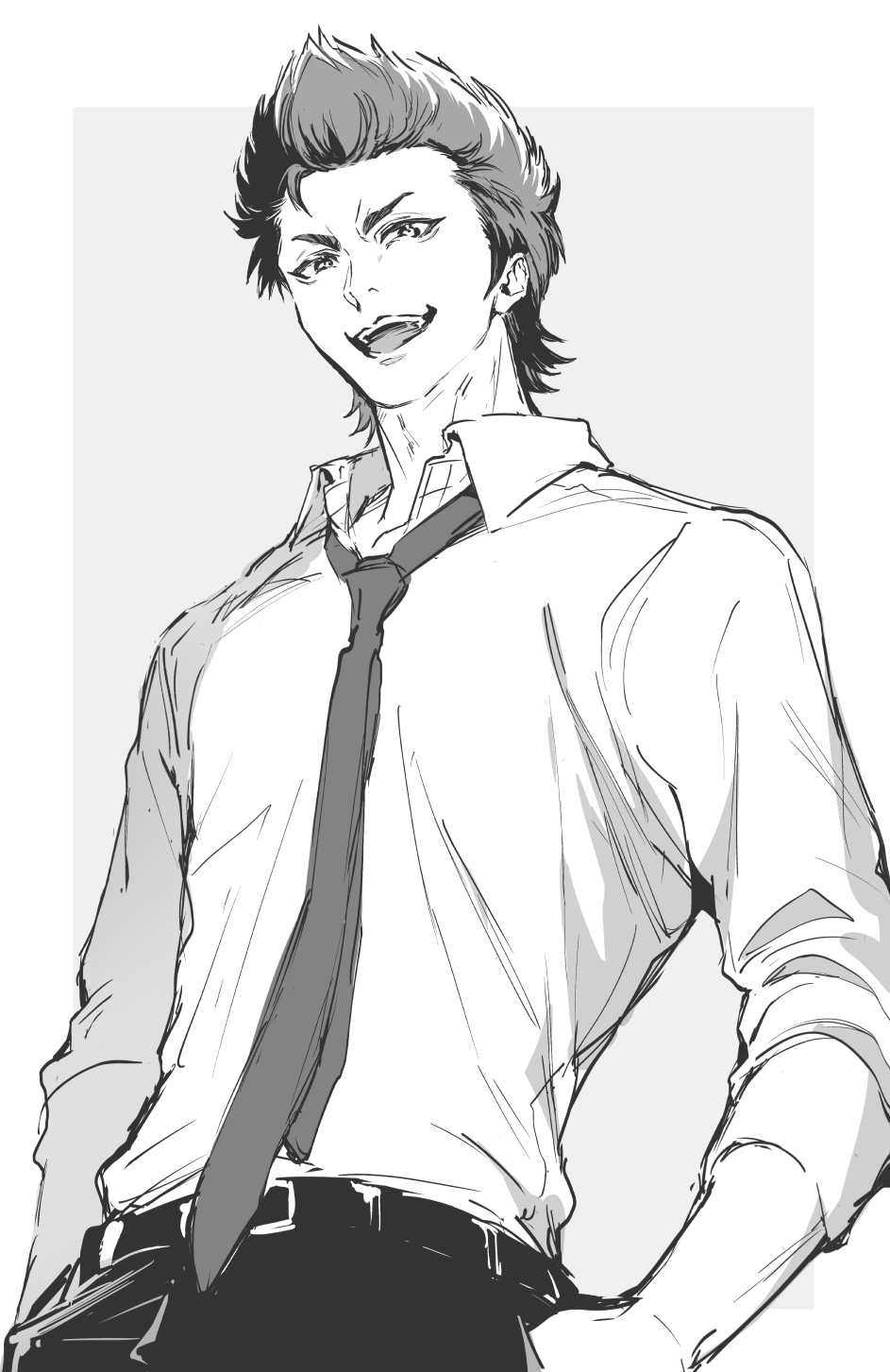 kuramochi youichi, ace of diamond, commentary request, highres, 1boy, belt, collared shirt, from below, fuko tyo, greyscale, hand in pocket, long sleeves, loose necktie, male focus, monochrome, necktie, pants, shirt, shirt tucked in, short hair, smile, solo, teeth, tongue, upper teeth only