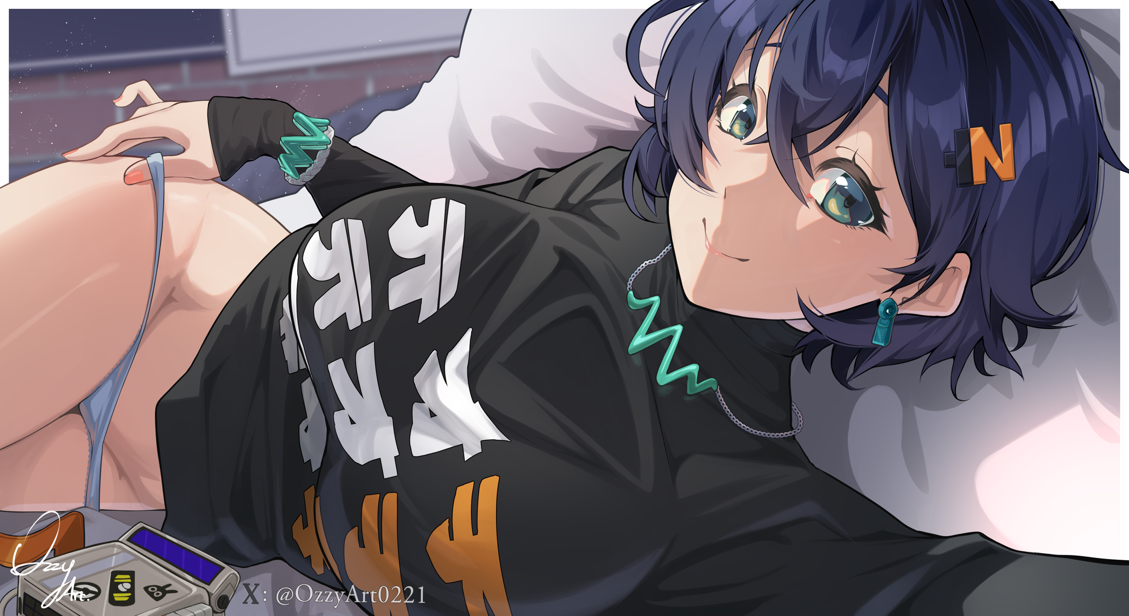 ozzyart 0221, belle (zenless zone zero), zenless zone zero, highres, 1girl, armband, black shirt, blue hair, blue panties, breasts, earrings, green eyes, hair between eyes, hair ornament, holding, holding phone, jewelry, letter hair ornament, looking at viewer, on bed, panties, panty pull, phone, selfie, shirt, short hair, smile, thighs, underwear