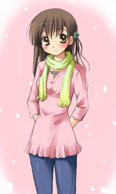 koyuki (2smj), koyuki (artist), original, 1girl, blush, brown hair, denim, female focus, hair ornament, jeans, pants, scarf, simple background, solo
