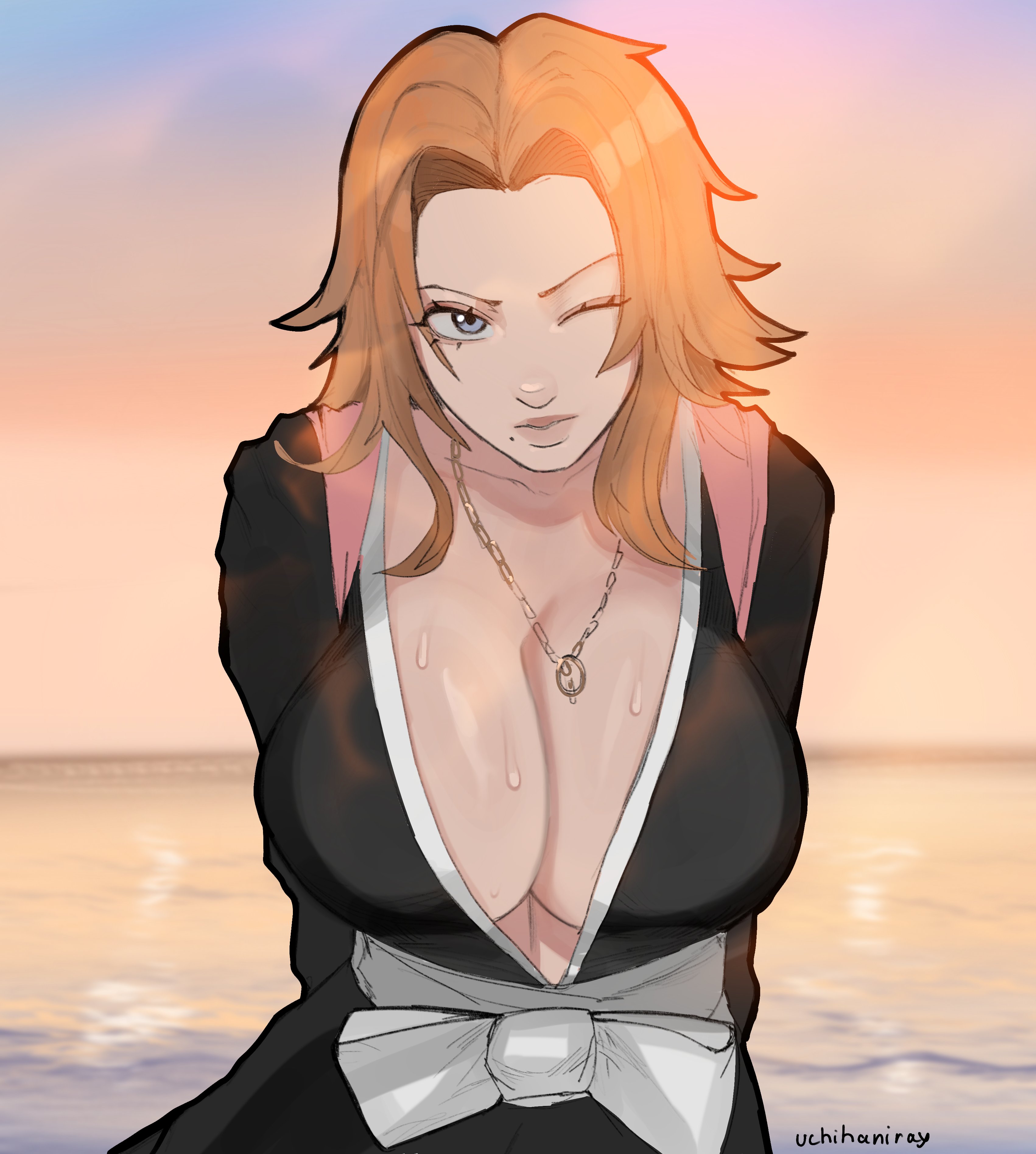 uchihaniray, matsumoto rangiku, bleach, highres, 1girl, arms behind back, artist name, blue eyes, breasts, chain, chain necklace, female focus, jewelry, large breasts, lips, long hair, mole, mole under mouth, necklace, ocean, one eye closed, orange hair, pink shawl, shawl, shihakusho, sunset, sweat, water