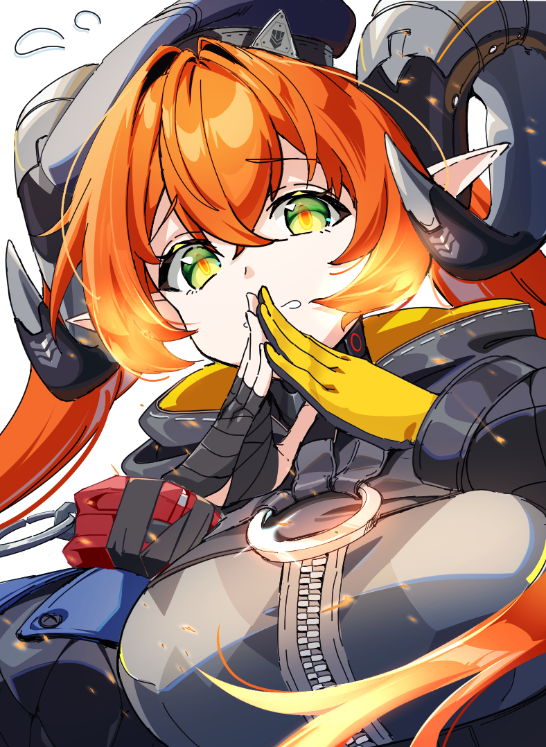 tuyumori kaoru (alilybell1241), orphie magnusson, zenless zone zero, 1girl, asymmetrical gloves, black horns, dragon girl, dragon horns, fingerless gloves, gloves, hat, horns, long hair, mechanical horns, mechanical tail, mismatched gloves, orange hair, orange pupils, own hands together, pointy ears, single fingerless glove, tail, twintails, yellow gloves, zipping