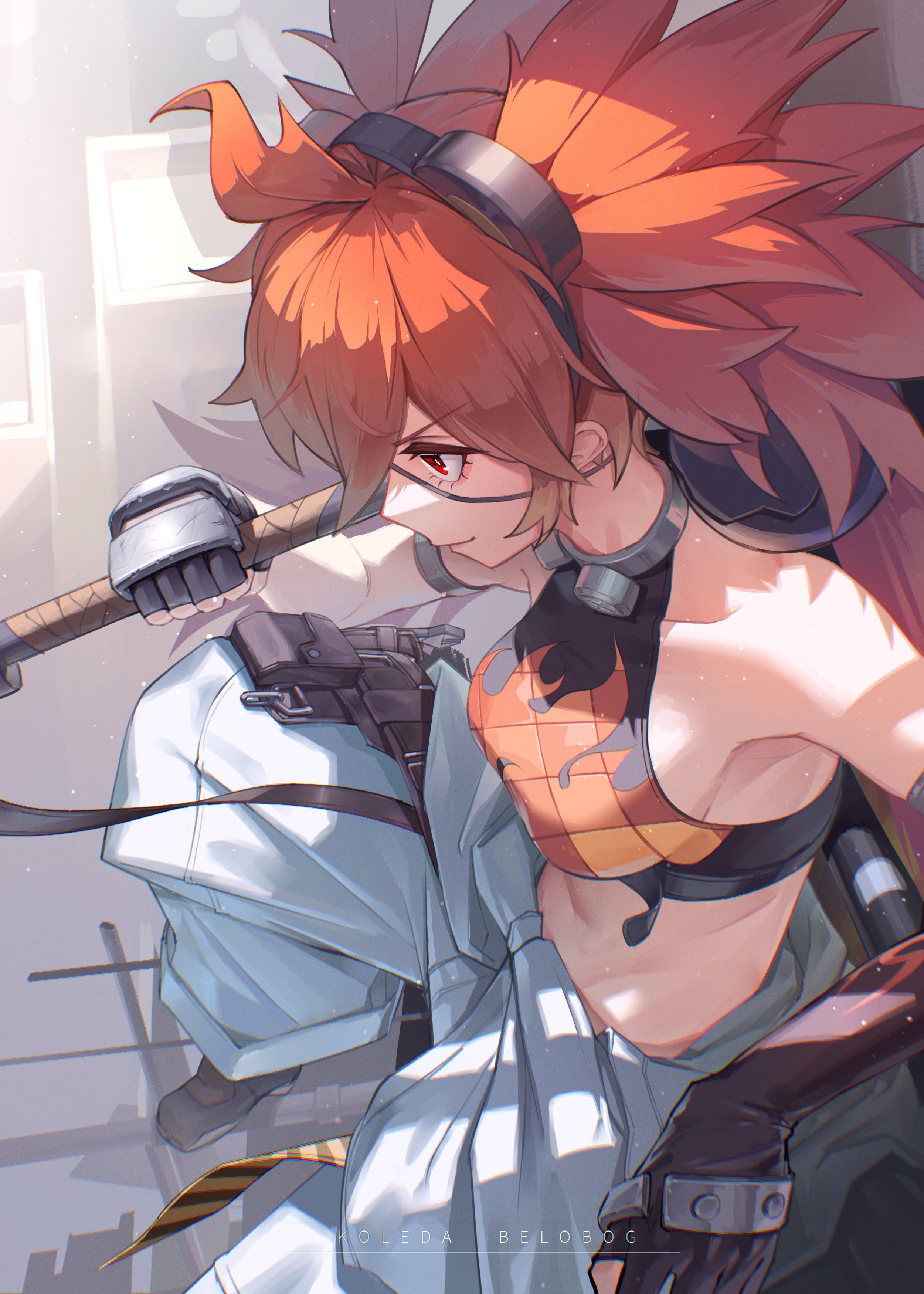 joykoygo, koleda belobog, zenless zone zero, absurdres, commentary, highres, symbol-only commentary, 1girl, animal ears, bare shoulders, bear ears, black gloves, breasts, character name, crop top, eyepatch, fake animal ears, fingerless gloves, from above, gloves, hair between eyes, hair ornament, holding, long hair, midriff, navel, pants, red eyes, red hair, sitting, smile, solo, sphere hair ornament, white pants