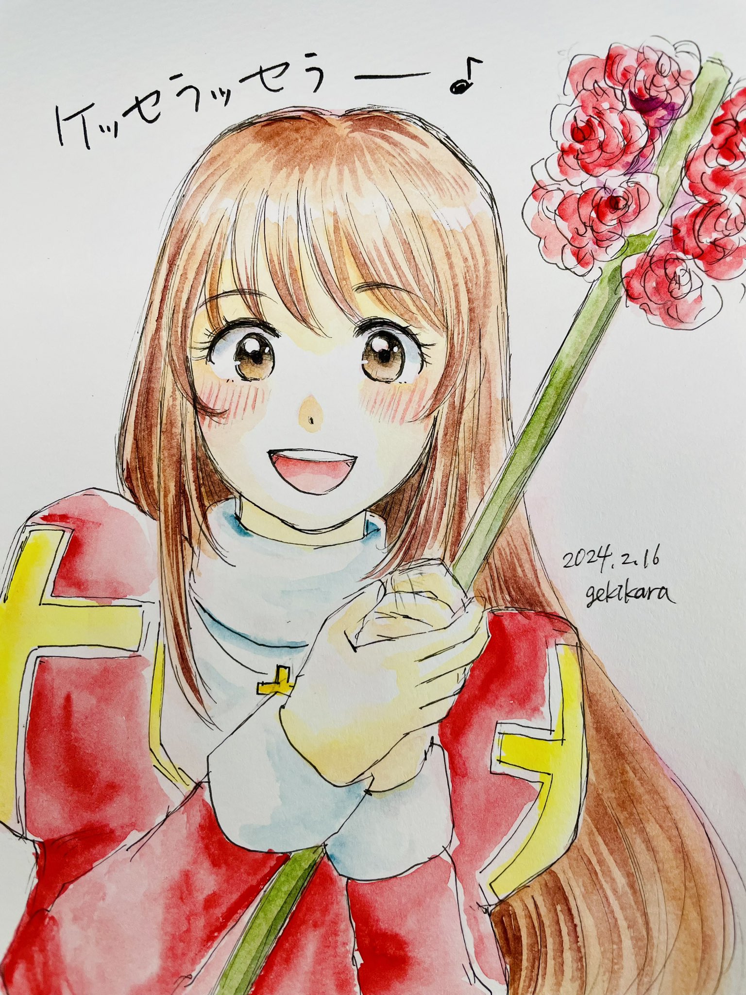 erica fontaine, sakura taisen, sakura taisen iii, highres, translation request, blush, brown eyes, brown hair, collar, cross, dated, dress, flower, gekikara sgs, holding, holding flower, holding own hand, juliet sleeves, latin cross, long hair, long sleeves, looking at viewer, musical note, open mouth, puffy sleeves, red dress, sidelocks, white collar