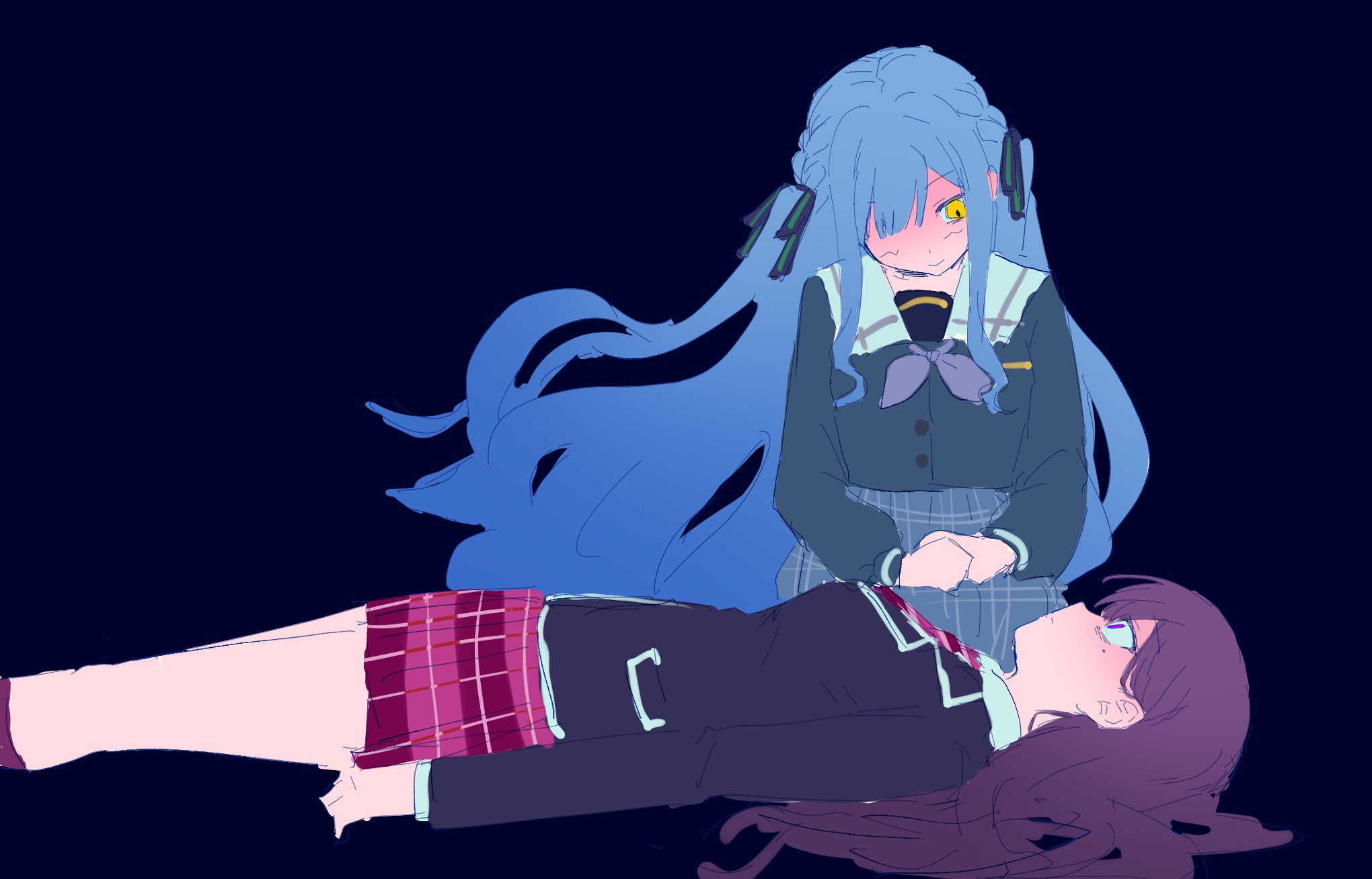 shiina taki, togawa sakiko, bang dream!, bang dream! it's mygo!!!!!, commentary request, highres, 2girls, birthday1730225, black jacket, blue background, blue hair, blue shirt, blue skirt, braid, hair over one eye, hair ribbon, haneoka school uniform, jacket, long hair, lying, mole, mole under eye, multiple girls, necktie, on back, plaid clothes, plaid skirt, purple eyes, purple hair, purple necktie, purple skirt, ribbon, school uniform, shirt, sidelocks, simple background, sitting, skirt, tsukinomori school uniform, two side up, wide-eyed