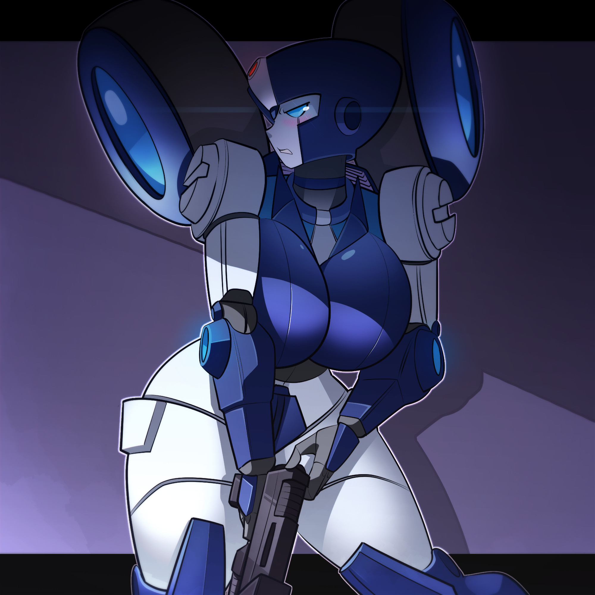 chromia, transformers, highres, 1girl, banjacks, blue eyes, breasts, gun, handgun, helmet, humanoid robot, large breasts, metal skin, robot, robot girl, solo, thighs, weapon, wheel